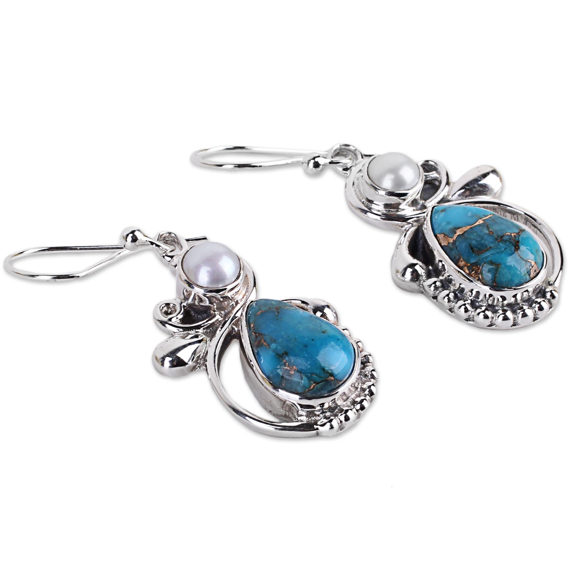 Premium Joyous Blue Sky Earrings – 925 Silver with Cultured Pearl & Turquoise