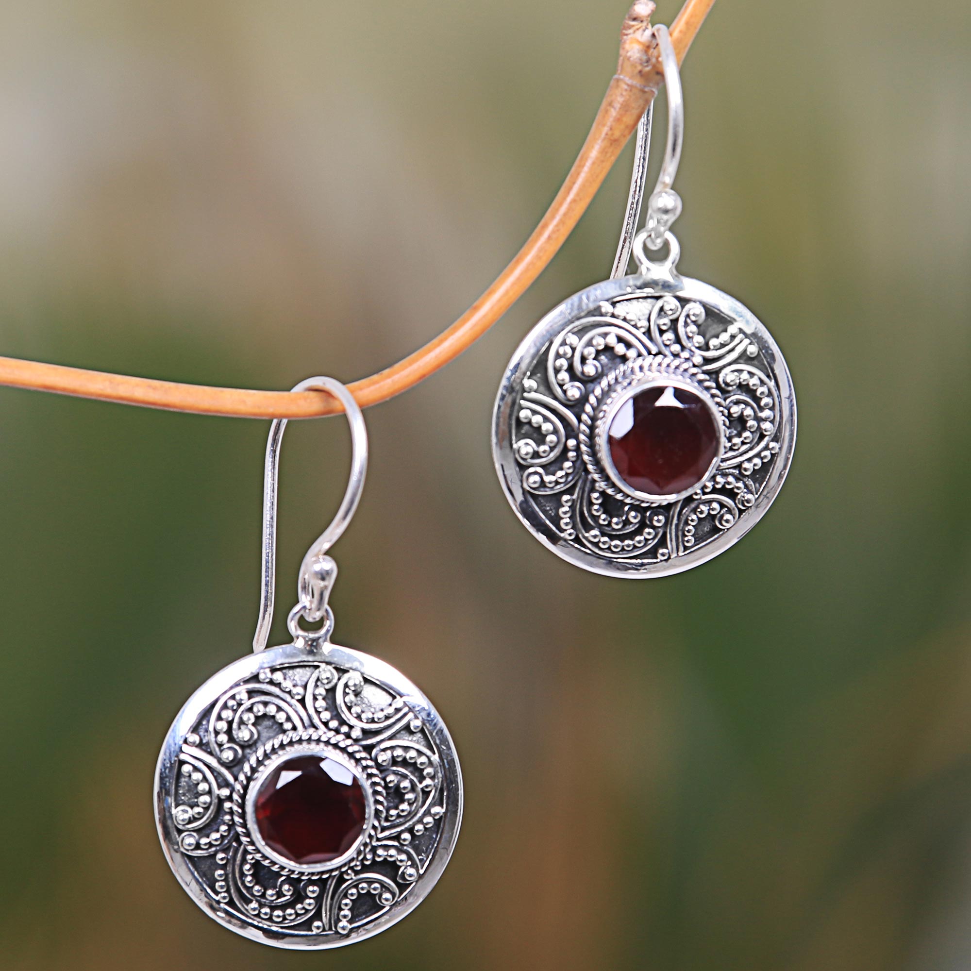 Premium Balinese Aura Garnet & Silver Dangle Earrings