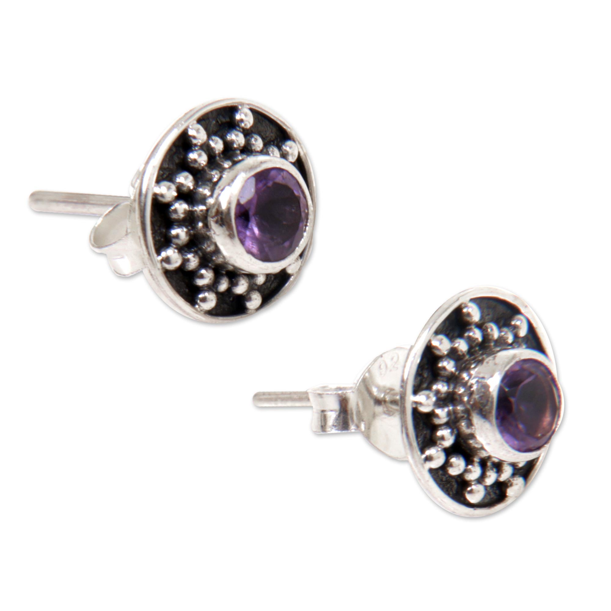 Premium Winter Halo Amethyst Sterling Silver Stud Earrings – Handcrafted in Bali
