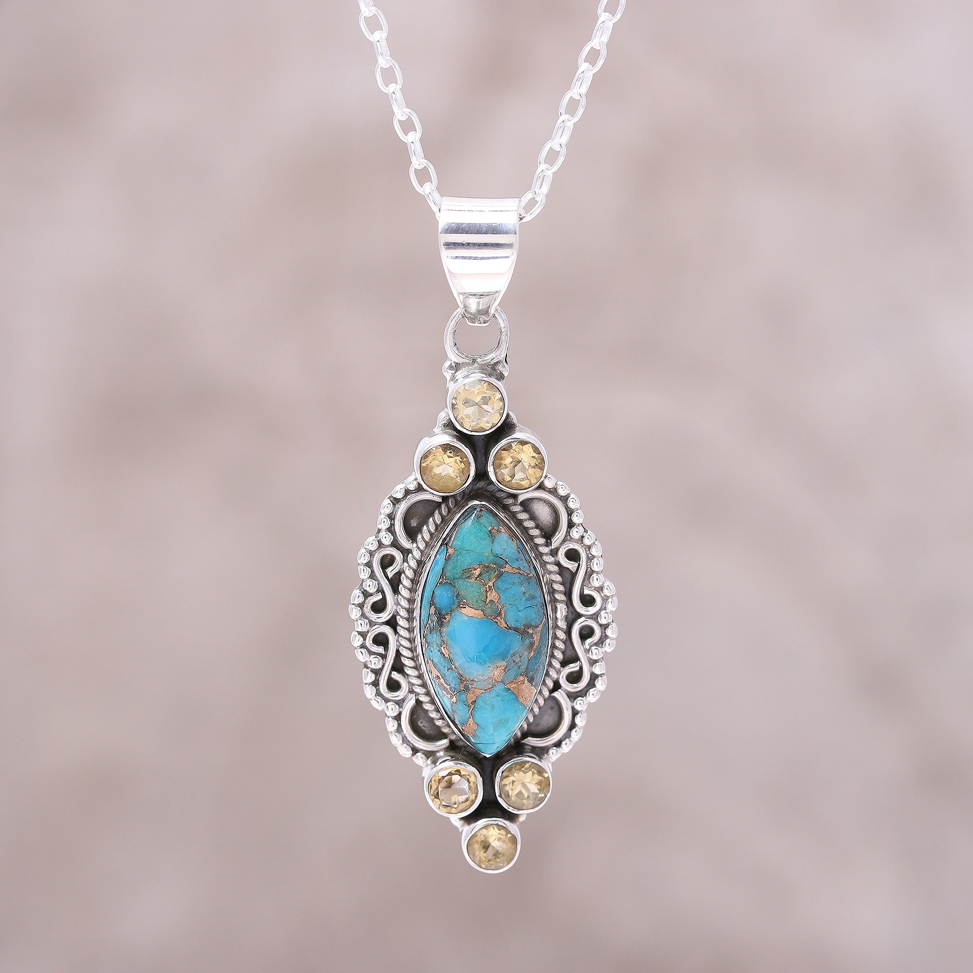 Premium Ocean Glow Sterling Silver Citrine & Turquoise Pendant Necklace