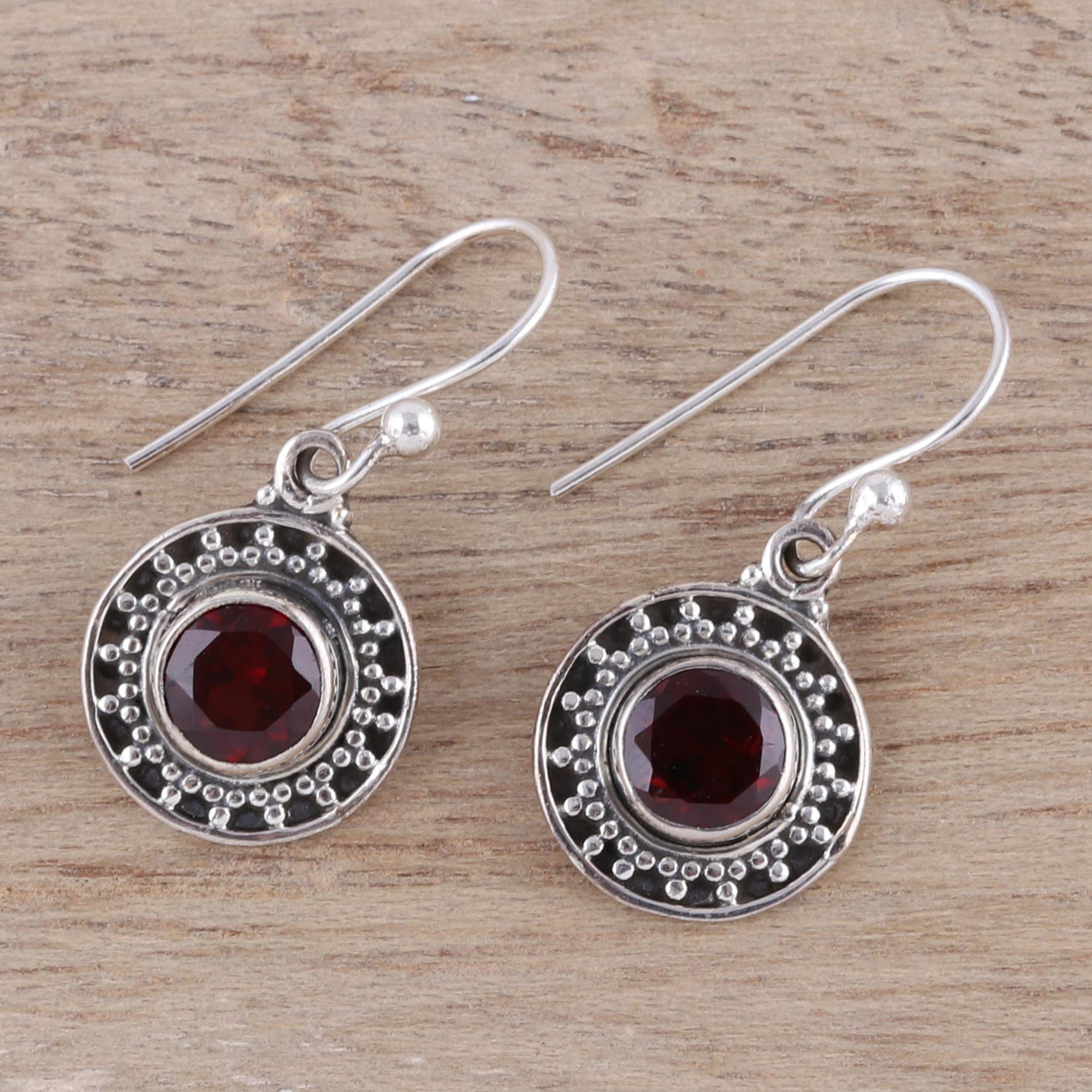 Premium Circular Garnet Dangle Earrings – Handcrafted Sterling Silver Jewelry from India