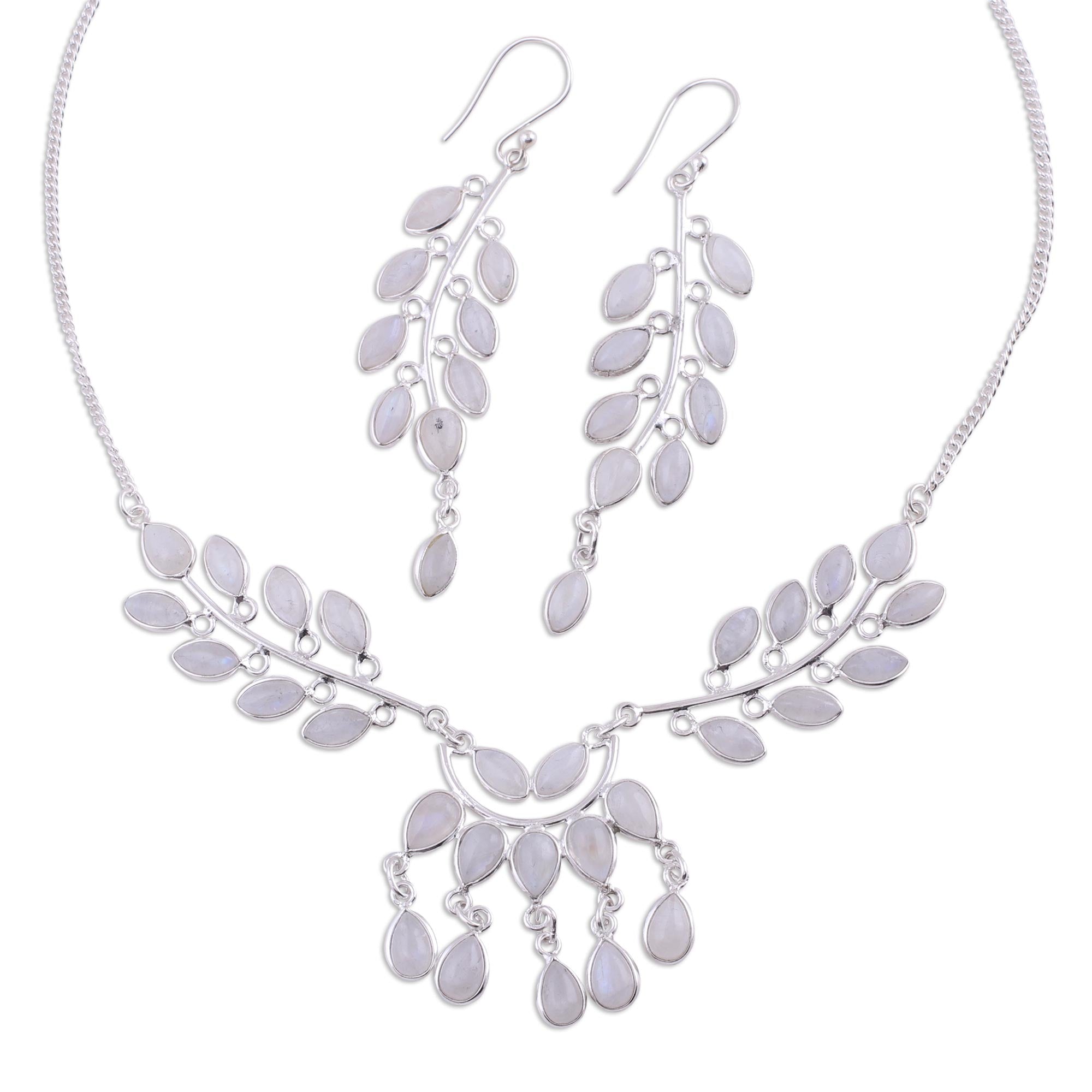 Premium Falling Leaves Rainbow Moonstone Jewelry Set - Sterling Silver Elegance