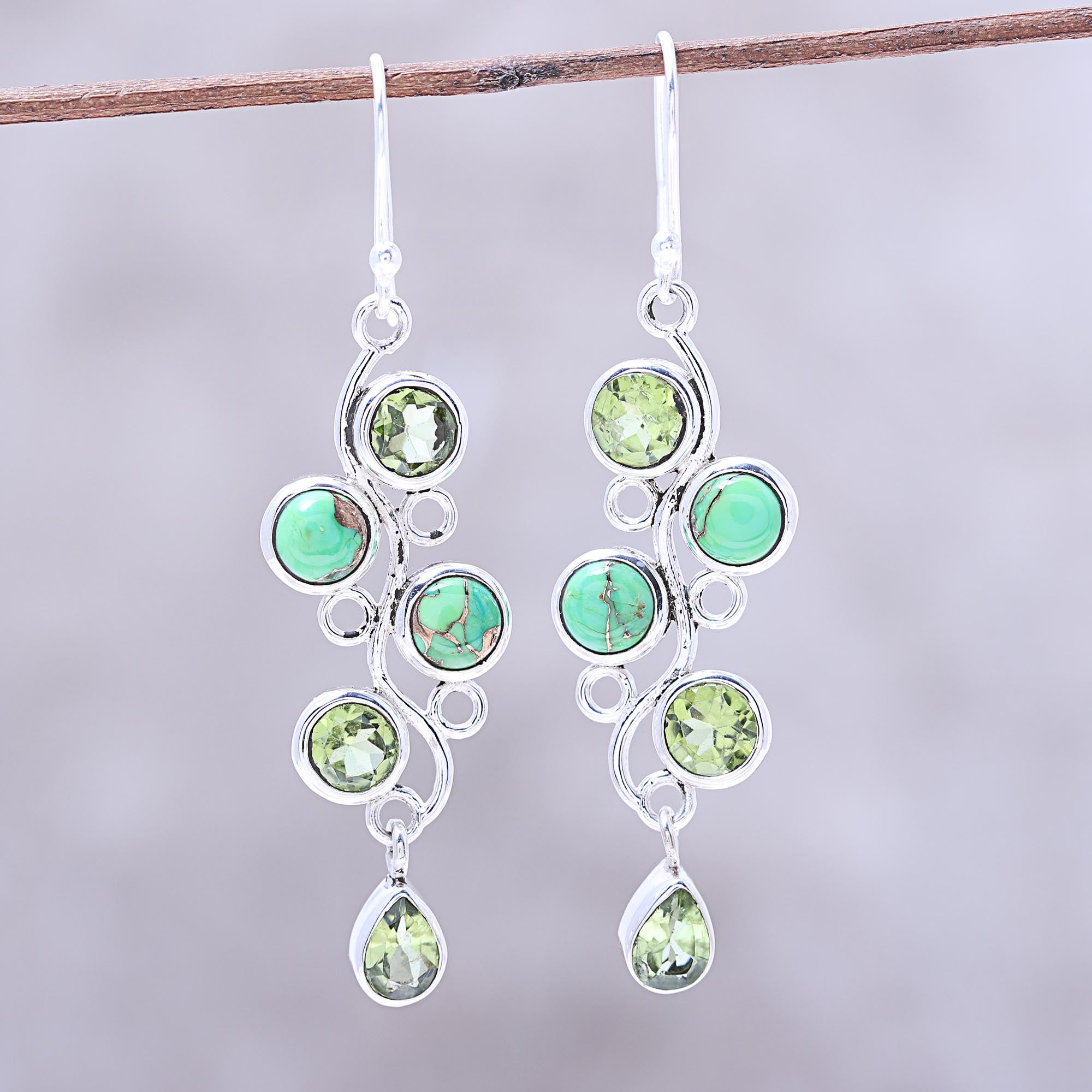 Premium Green Sheen Peridot & Composite Turquoise Dangle Earrings - Handcrafted in India