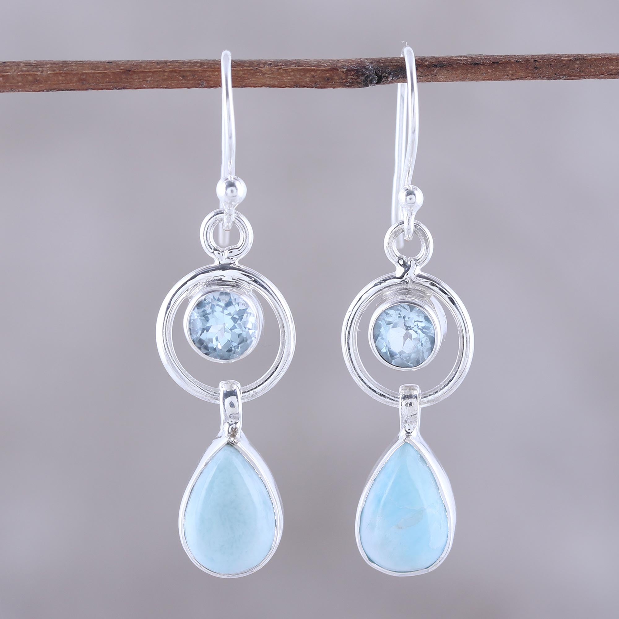 Premium Larimar and Blue Topaz Dangle Earrings - Handcrafted Sterling Silver Jewelry