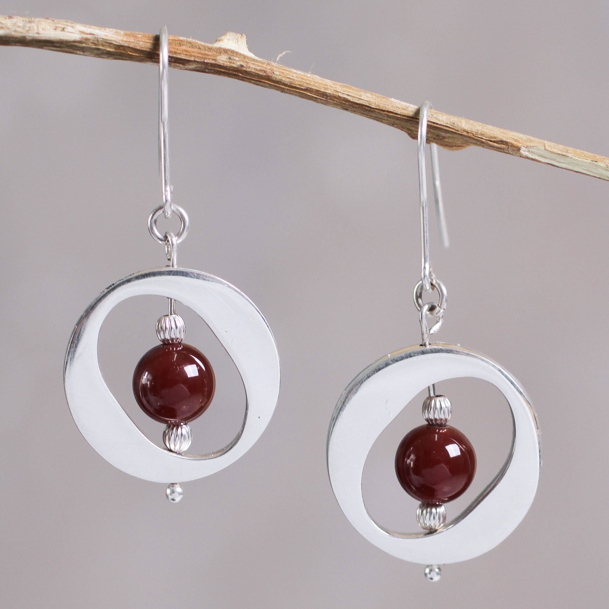 Premium Contemporary Oval Window Silver & Carnelian Earrings - Handcrafted Elegance