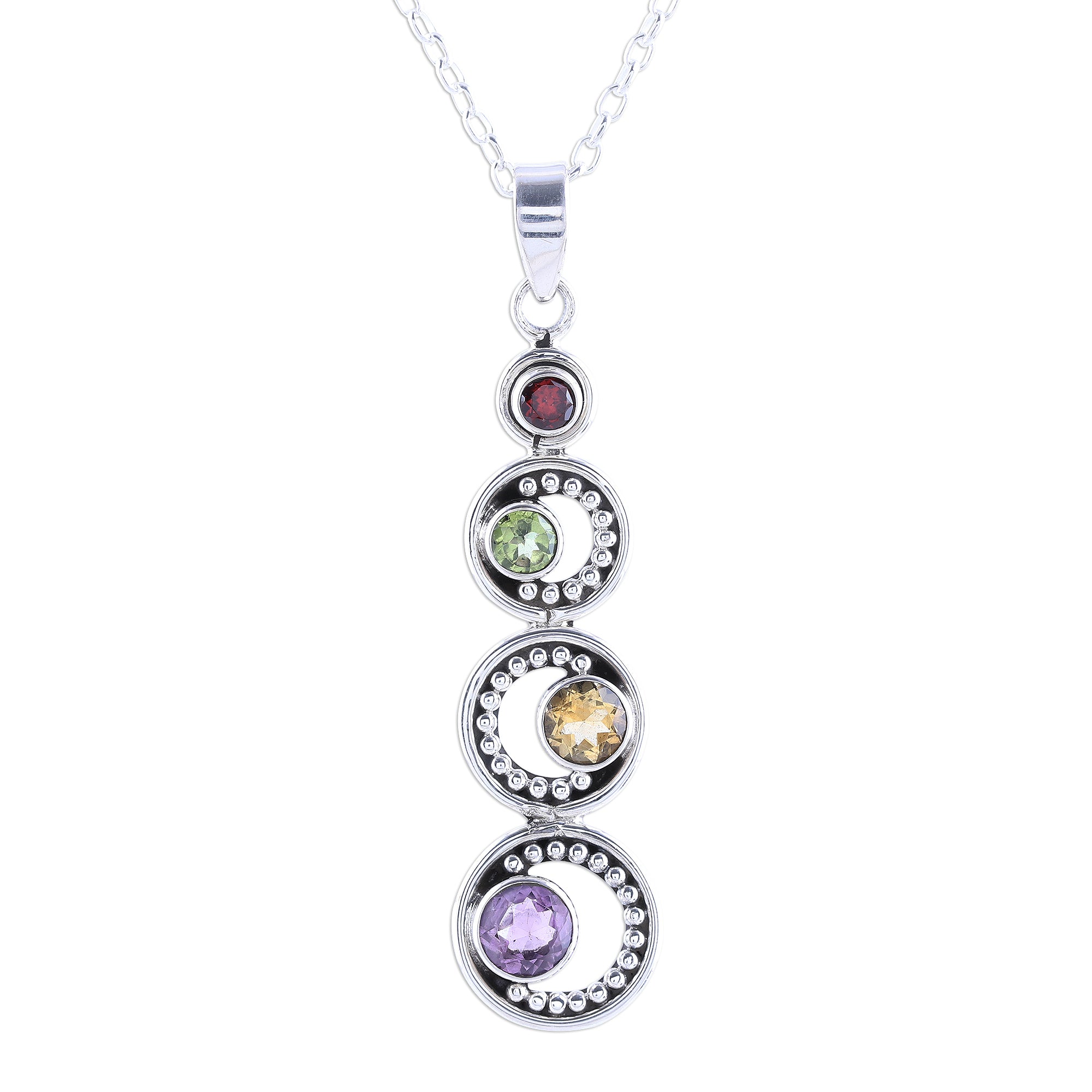 Premium Multi-Gemstone Crescent Pendant Necklace - Handcrafted Sterling Silver Jewelry from India