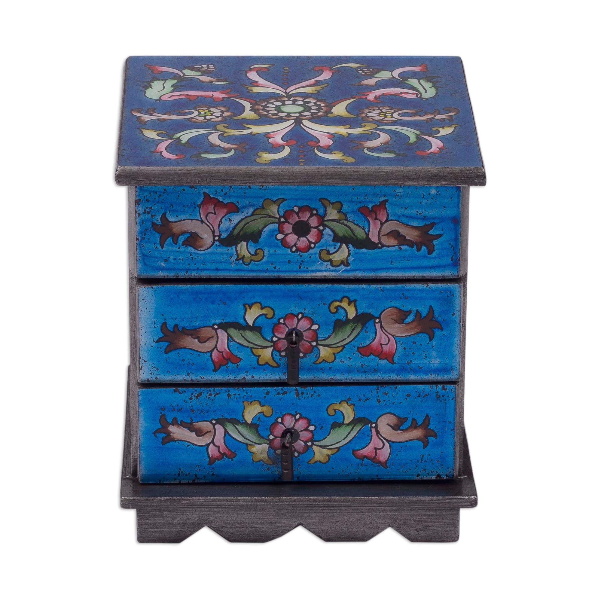 Premium Celestial Blue Hand-Painted Glass Jewelry Chest with Mirror