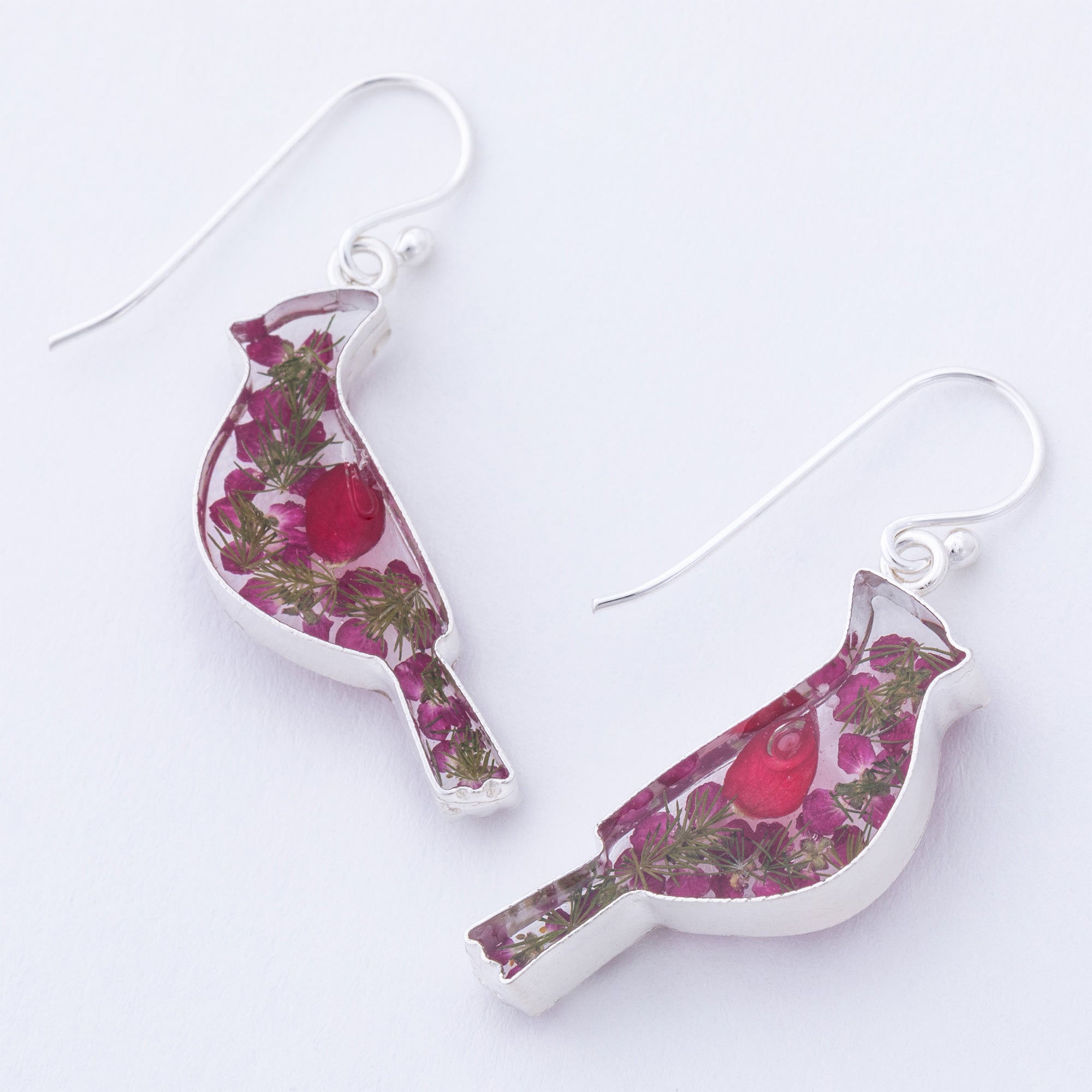 Premium Sterling Silver & Real Flower Cardinal Earrings