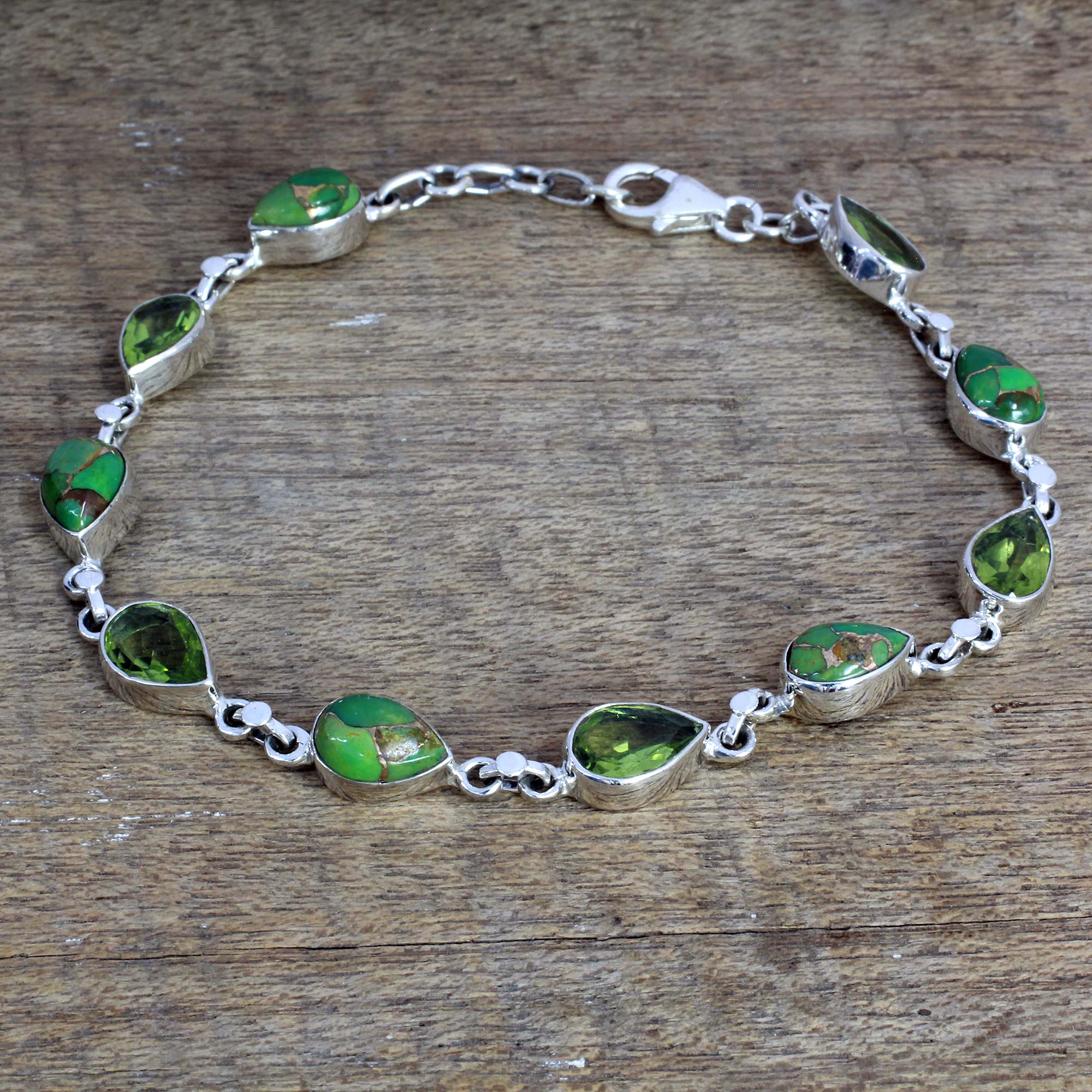 Premium Peridot & Turquoise Sterling Silver Bracelet - Handcrafted in India