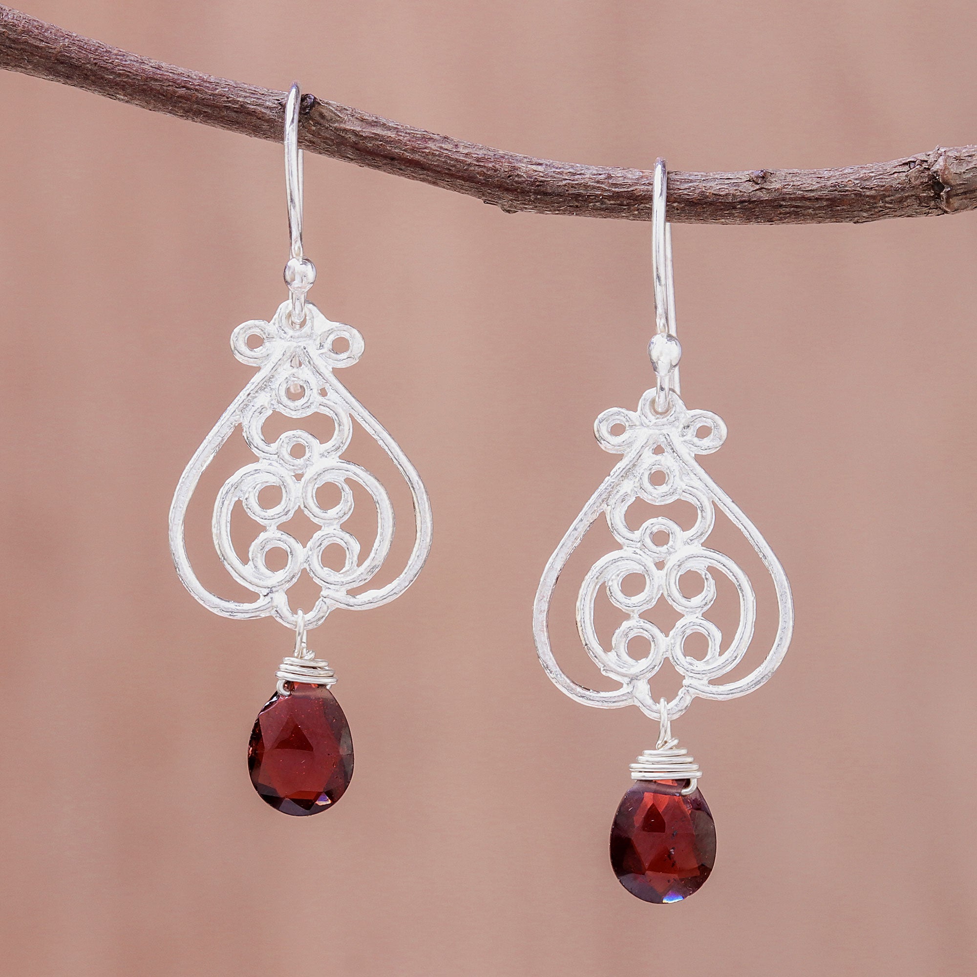 Premium Swirling Garnet Dangle Earrings – Handcrafted in Thailand