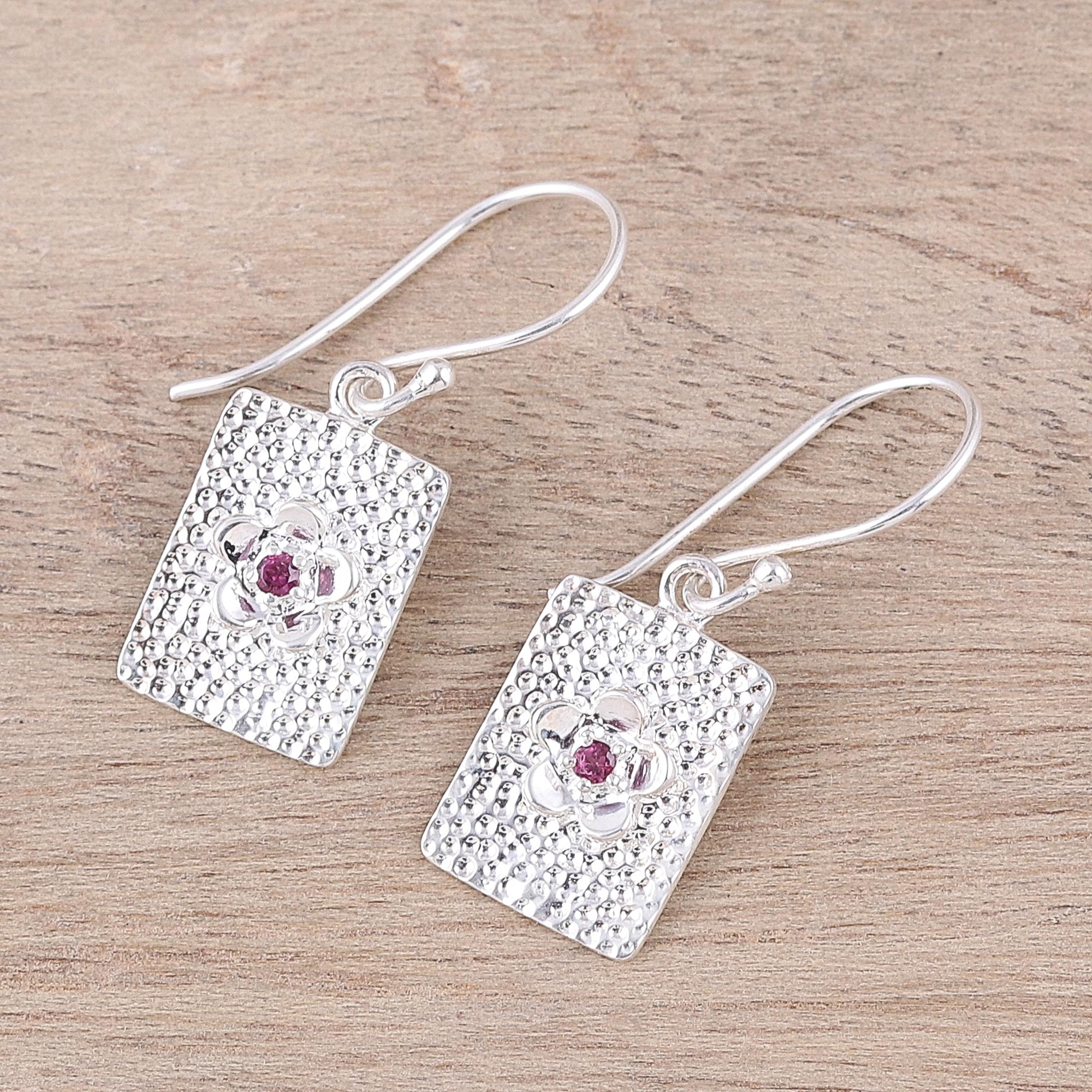 Premium Floral Garnet Dangle Earrings - Handcrafted Sterling Silver Jewelry from India