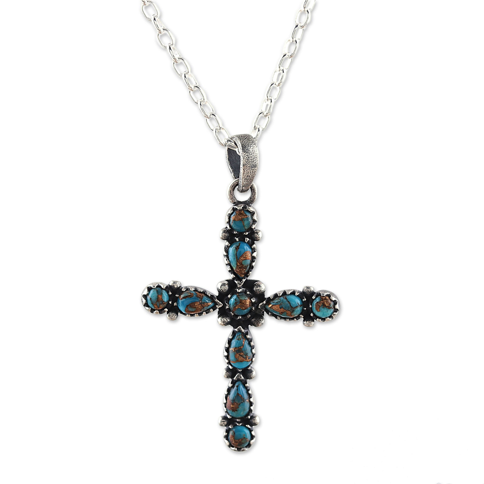 Premium 925 Sterling Silver & Composite Turquoise Cross Pendant Necklace