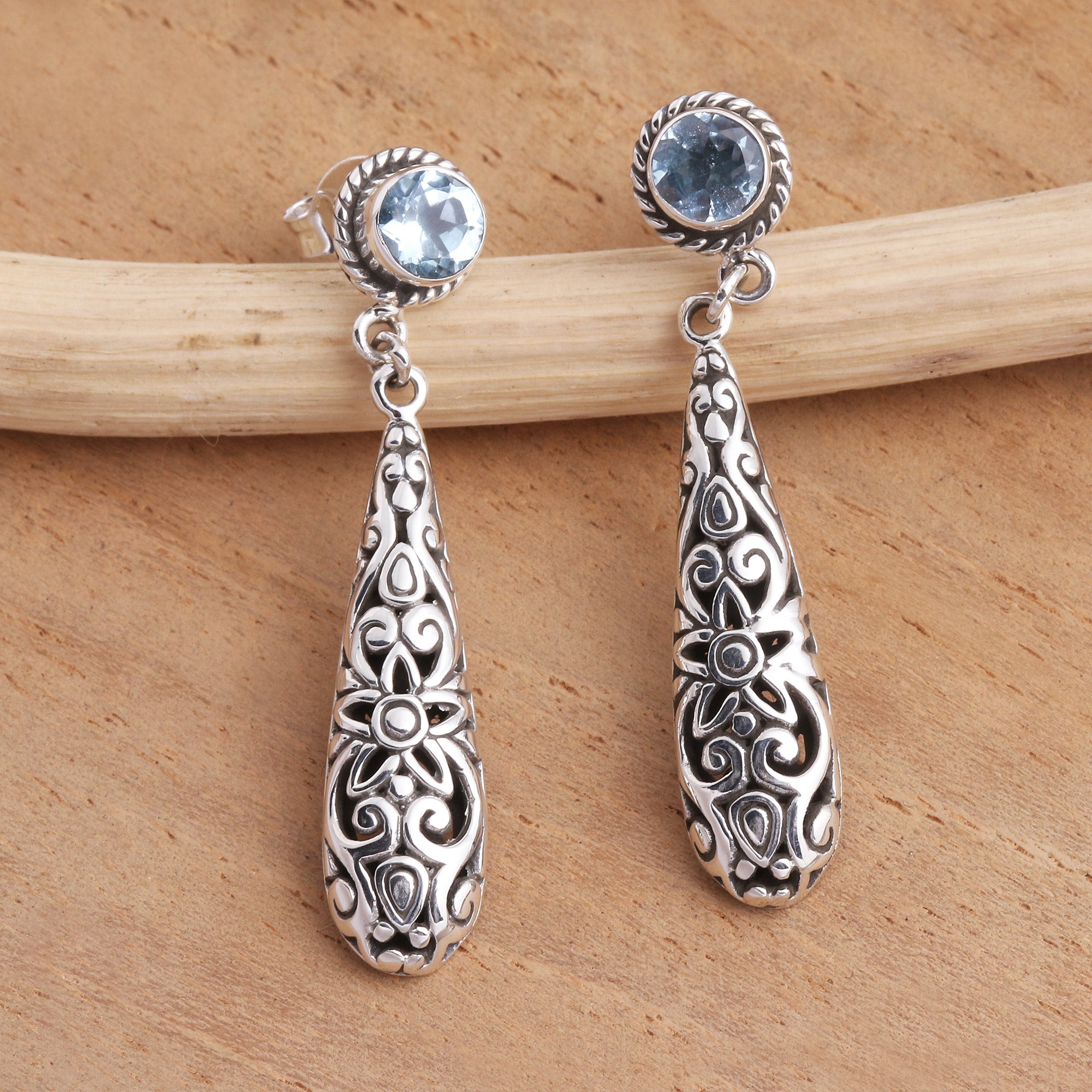 Premium Balinese Blue Topaz Floral Dangle Earrings in Sterling Silver