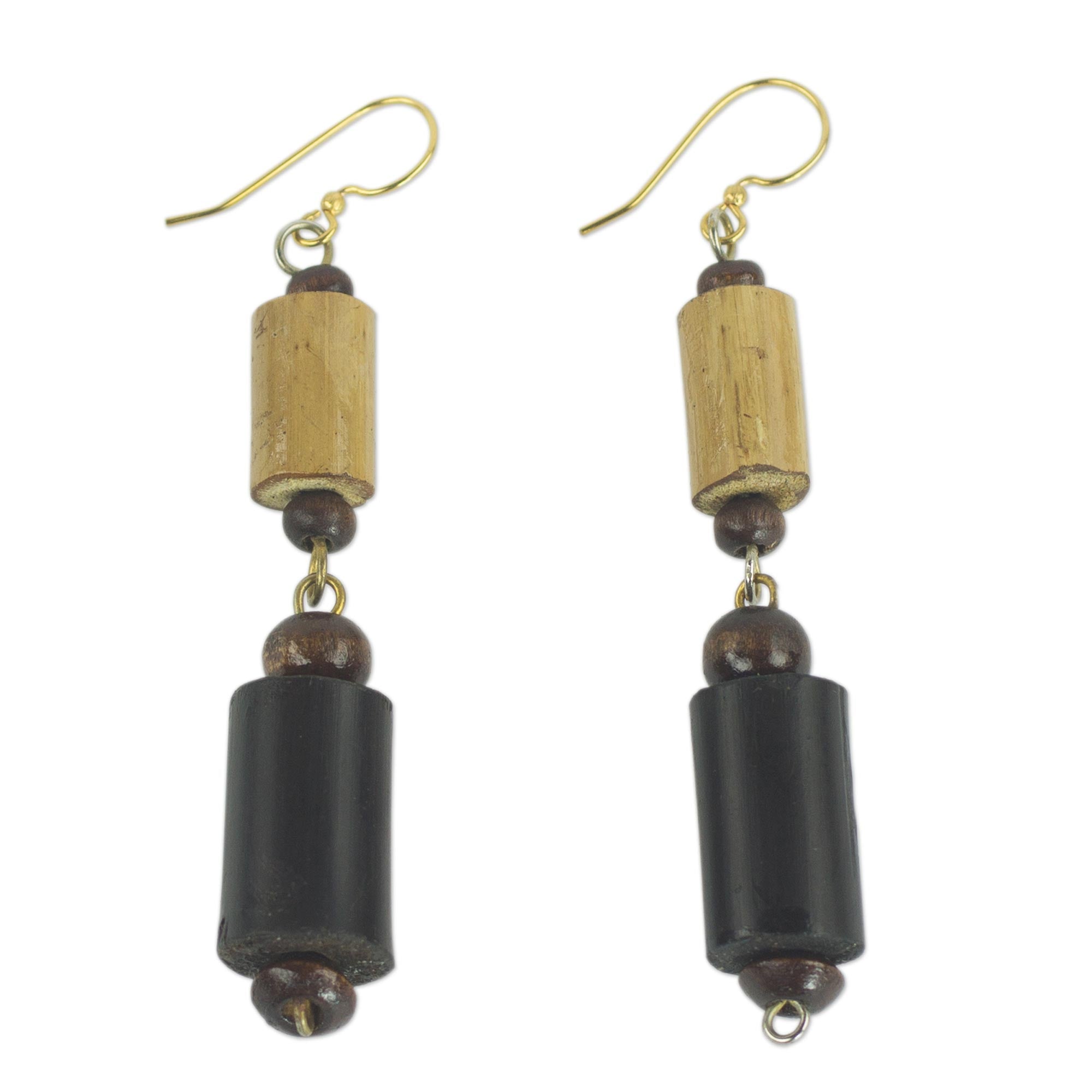 Premium African Bamboo & Sese Wood Dangle Earrings with Brass Hooks – Handcrafted in Ghana