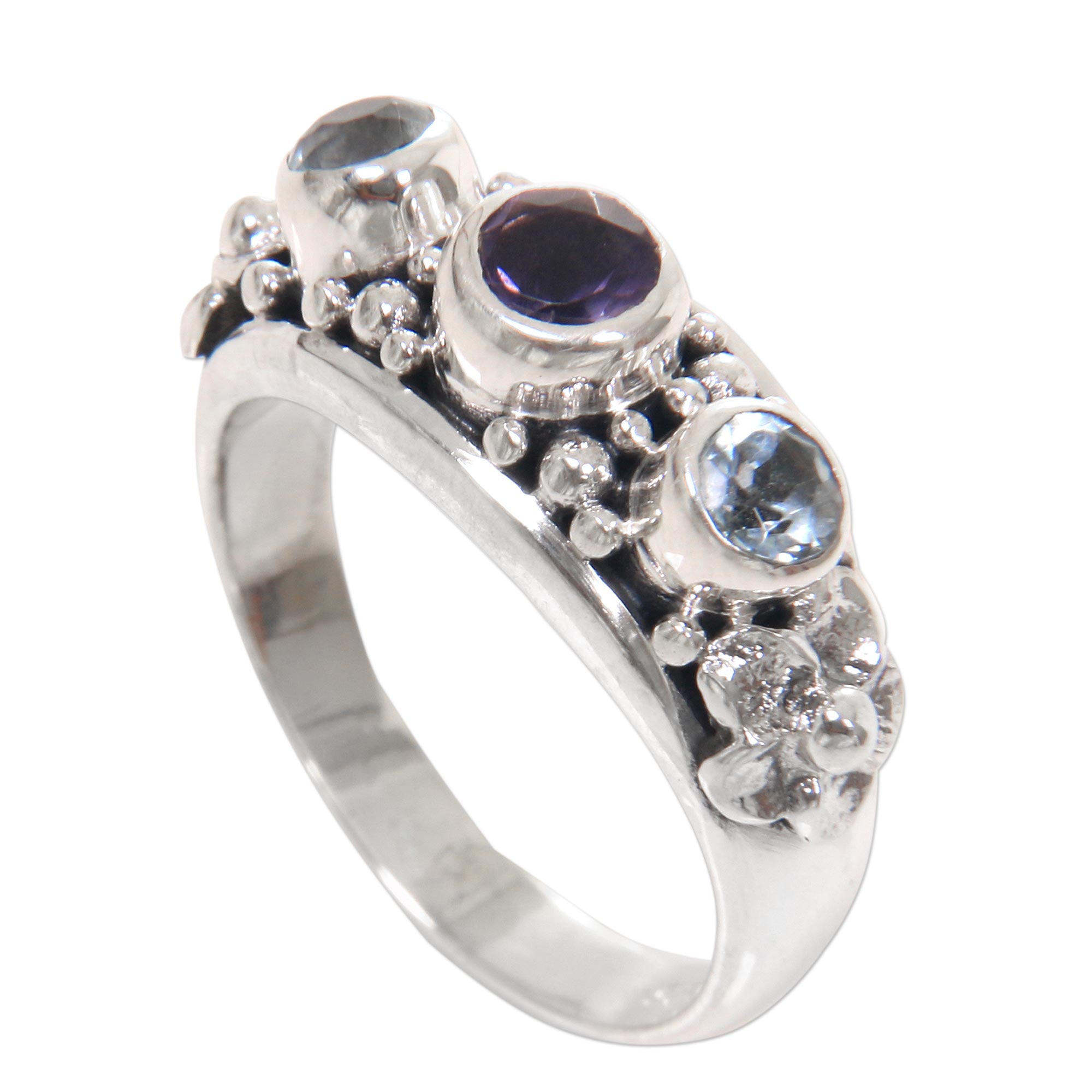 Premium Seminyak Blossoms Sterling Silver Ring with Amethyst & Blue Topaz