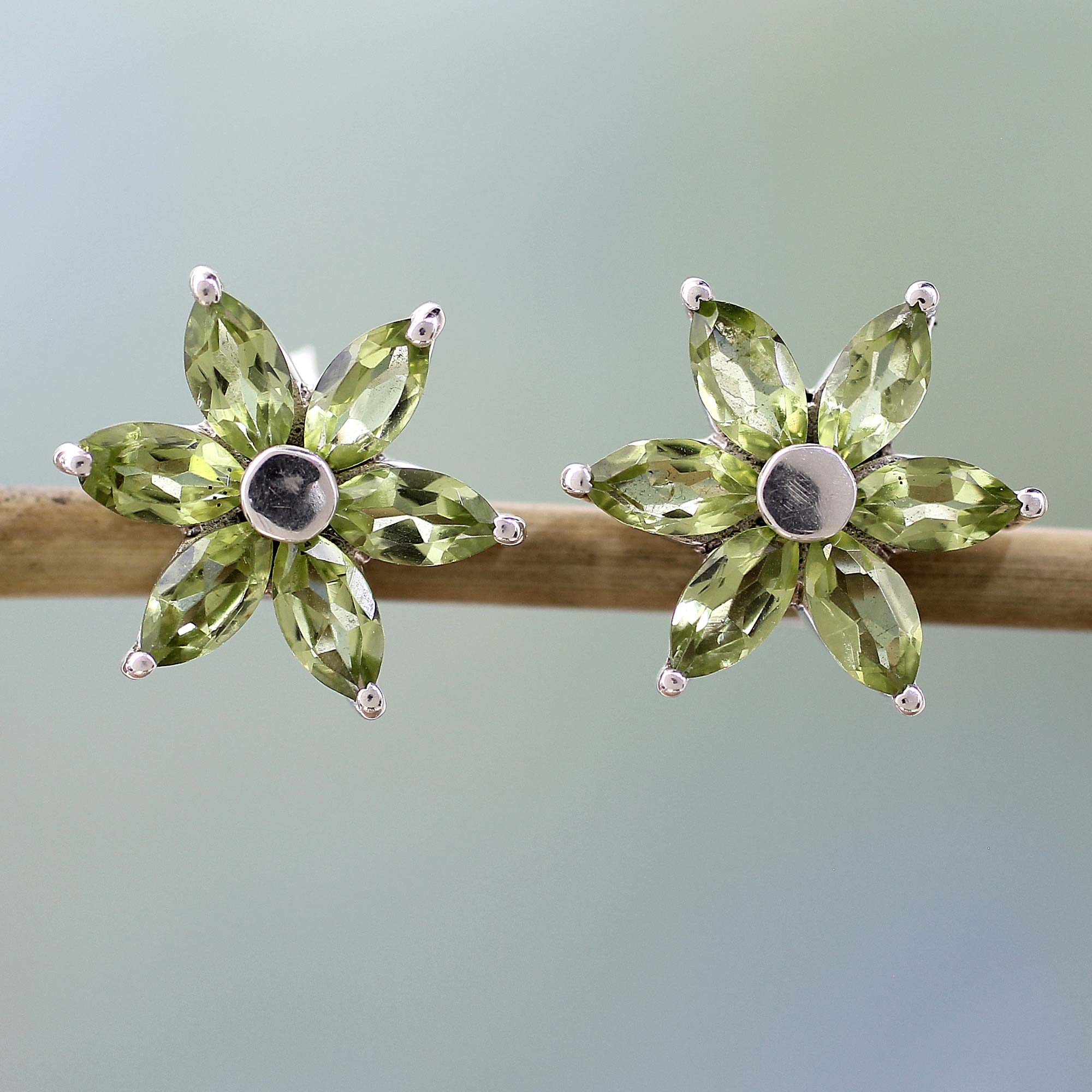 Premium Summer Blossom Floral Peridot Earrings in Rhodium-Plated Sterling Silver