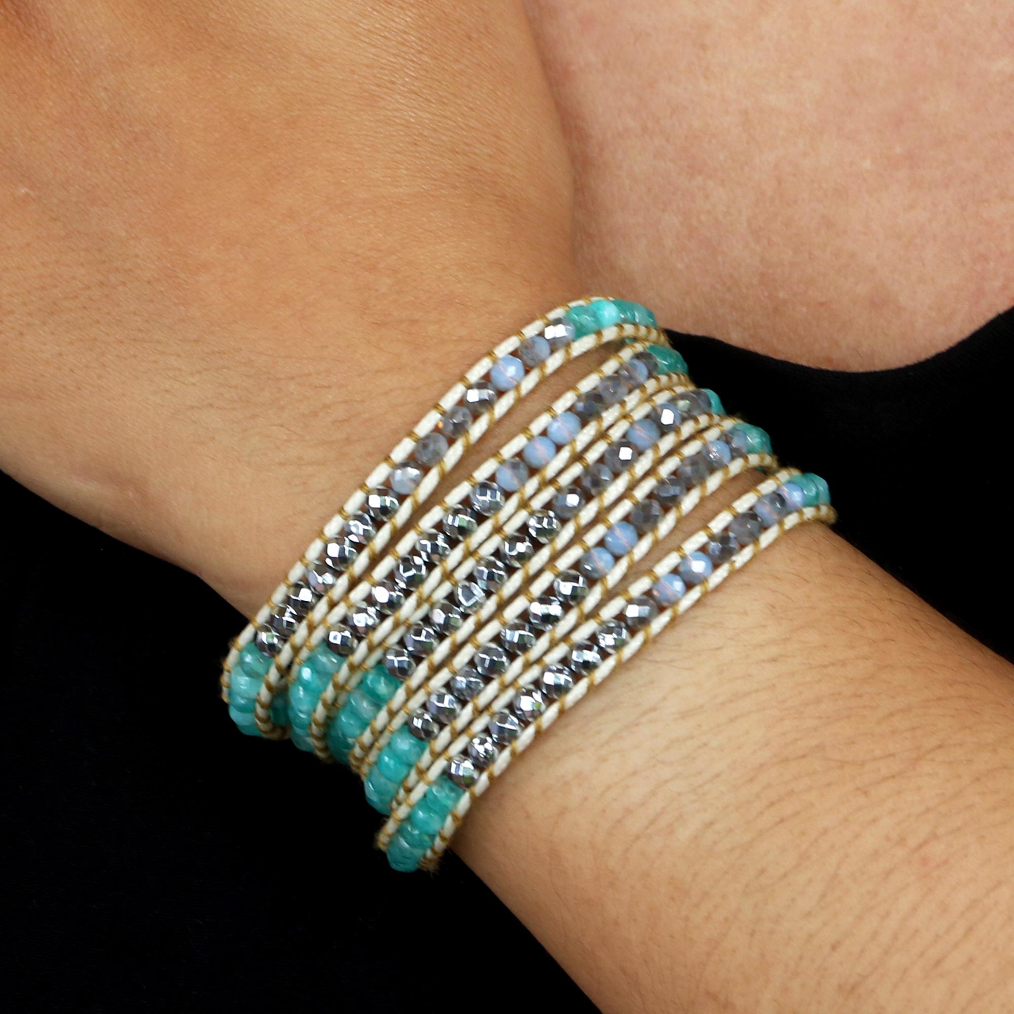 Premium Handmade Amazonite & Hematite Wrap Bracelet – Sterling Silver Clasp