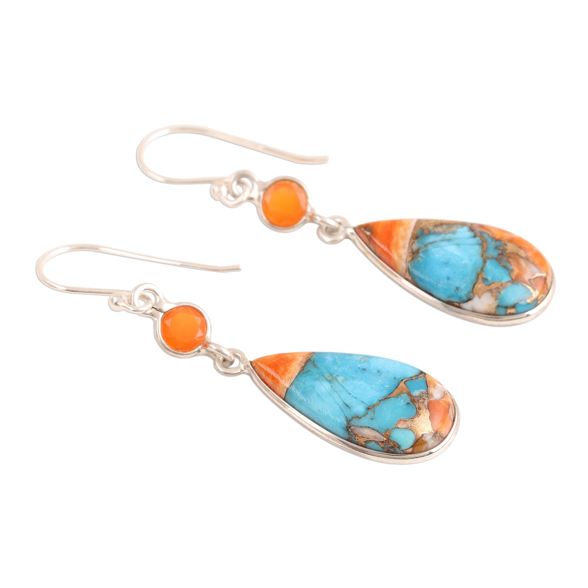 Premium Teardrop Glamour Earrings: Carnelian & Turquoise Elegance from India