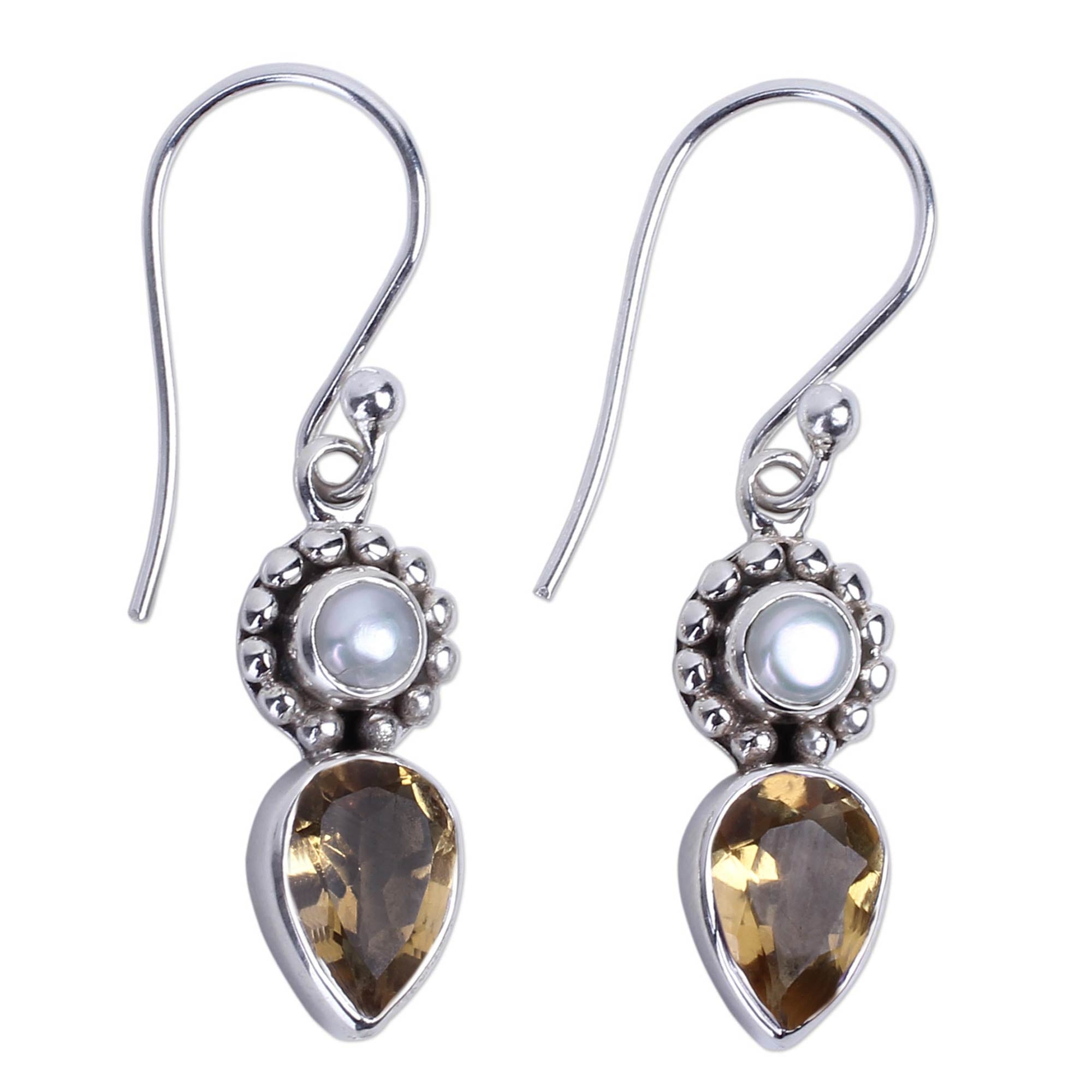 Premium Mughal-Inspired Sterling Silver Earrings with Citrine & Cultured Pearl