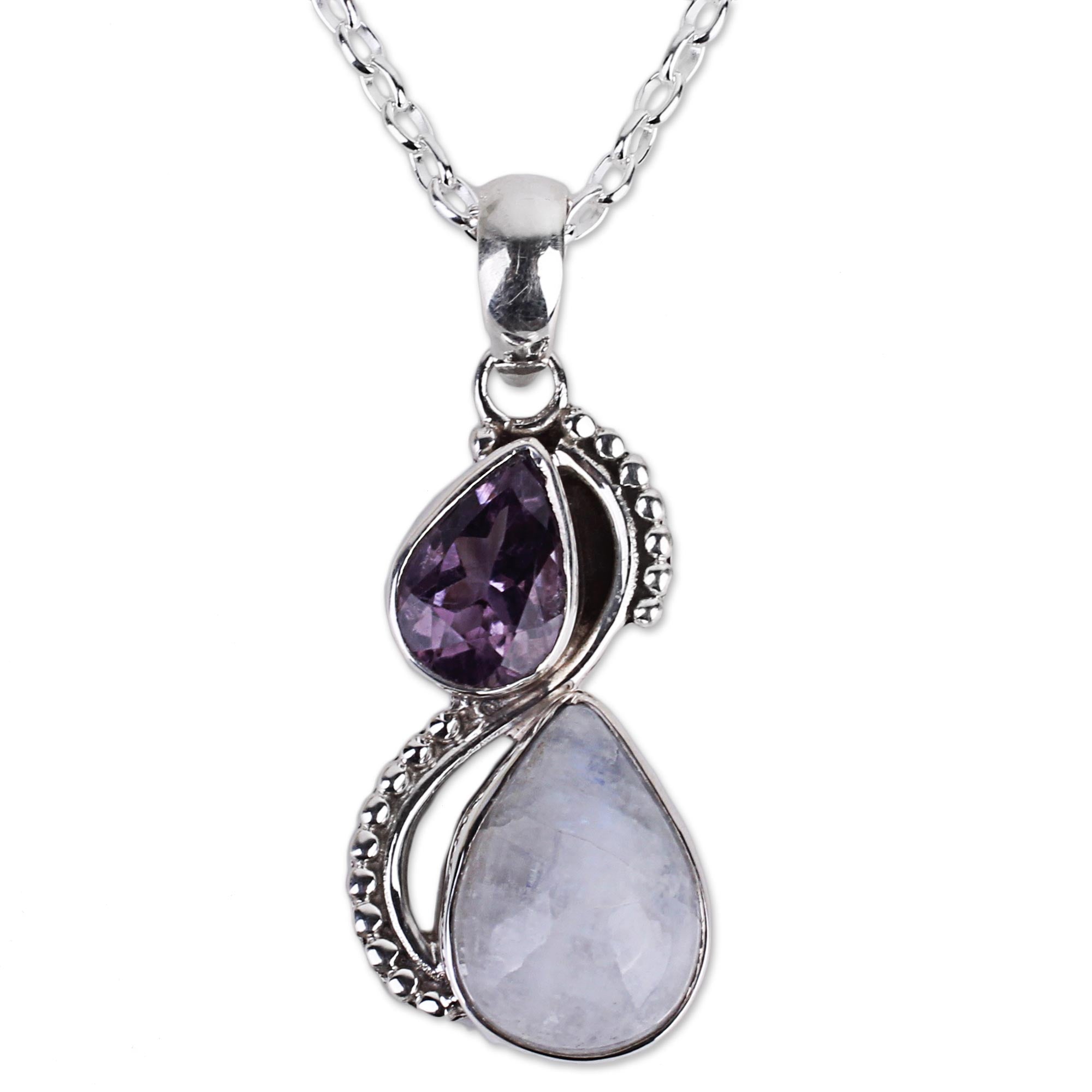 Premium Amethyst & Moonstone Teardrop Pendant Necklace - Handcrafted Elegance