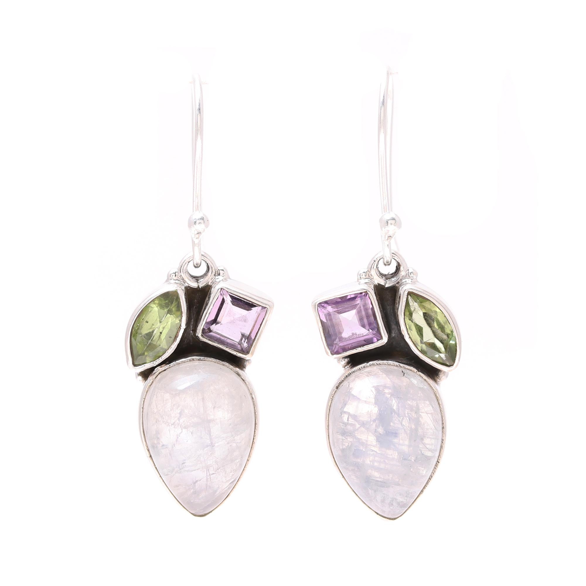 Premium Rainbow Moonstone Dangle Earrings with Peridot & Amethyst