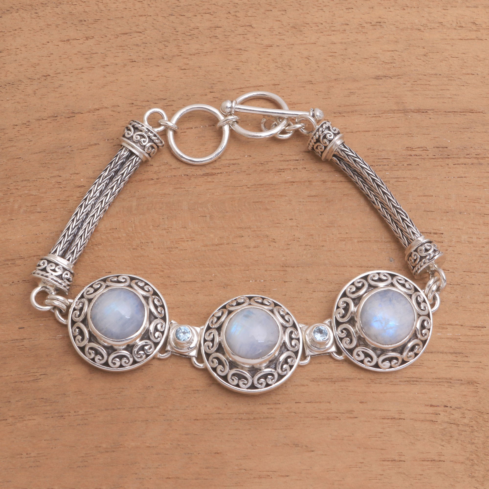 Premium Temple Roof Rainbow Moonstone & Blue Topaz Pendant Bracelet