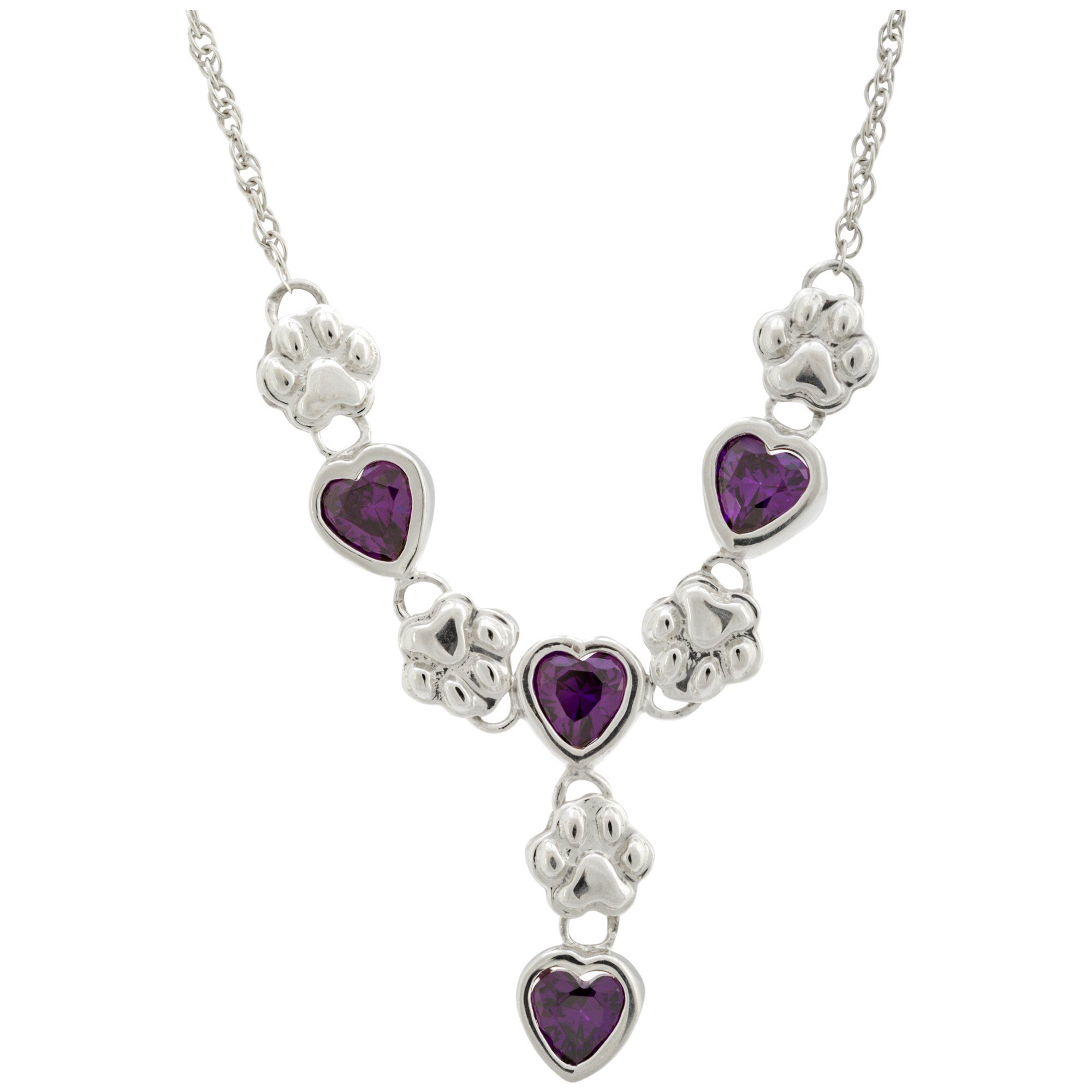 Premium Amethyst Hearts & Paws Sterling Silver Drop Necklace