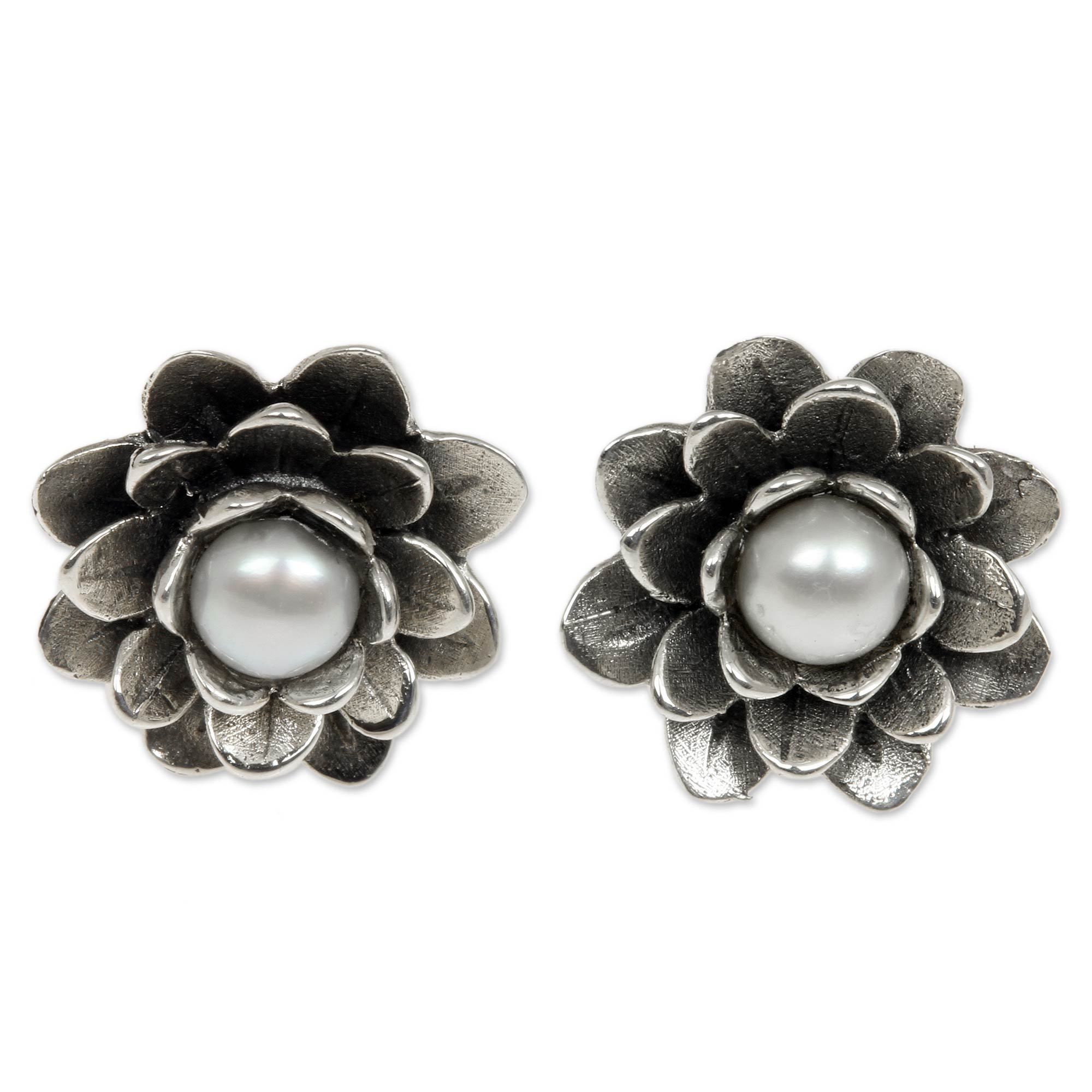 Premium Sterling Silver Lotus & Pearl Stud Earrings - Handcrafted Elegance