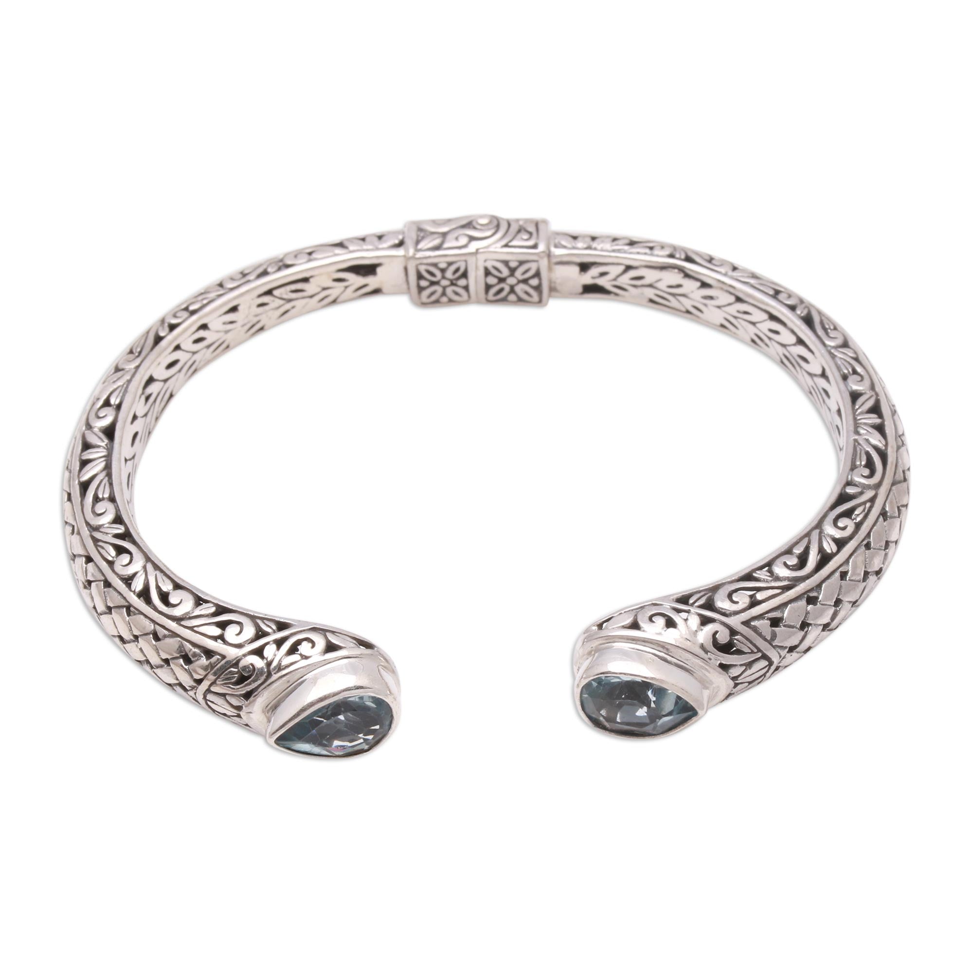 Premium Blue Topaz Cuff Bracelet – Handcrafted in Bali with Intricate Woven Design