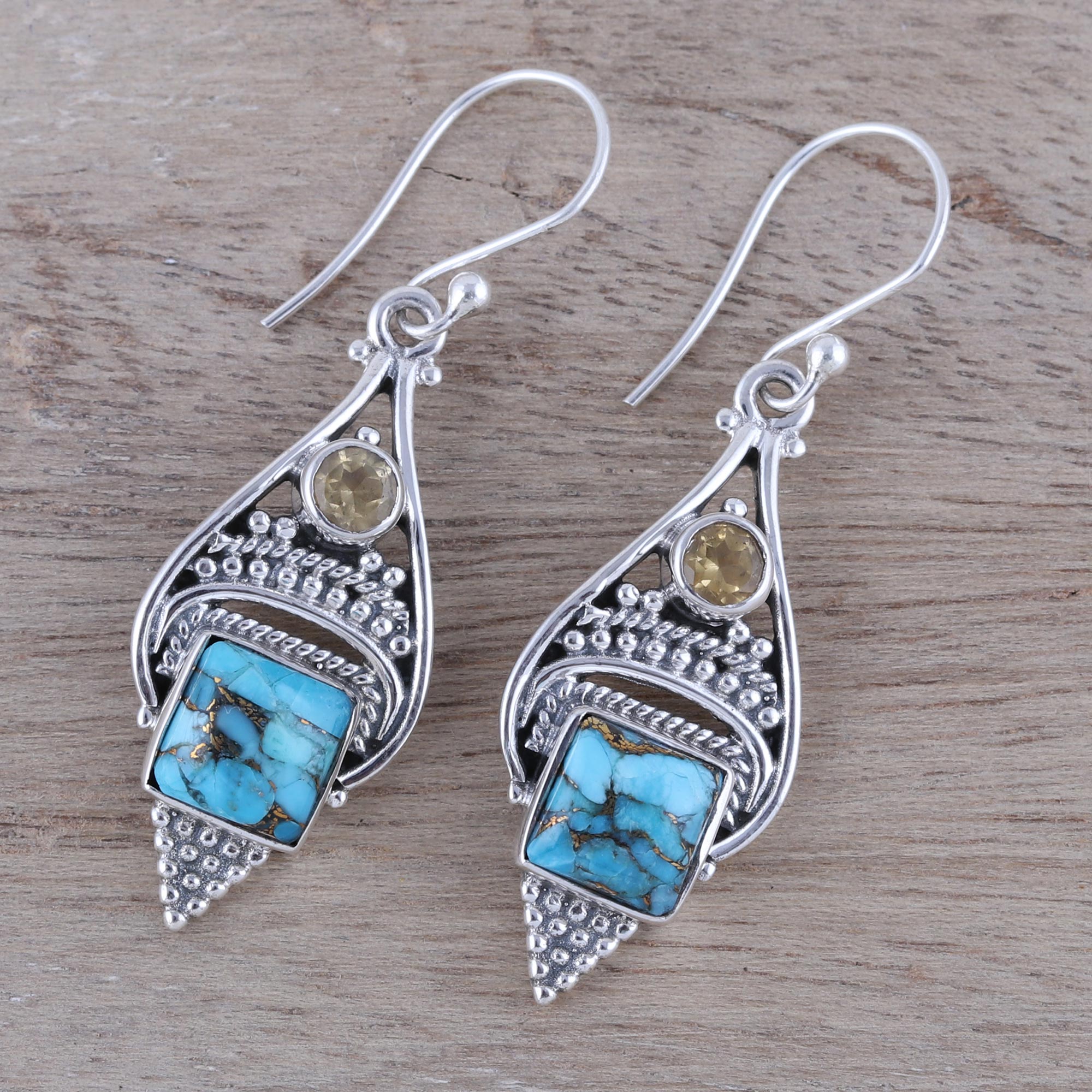 Premium Mythic Ocean Citrine & Turquoise Dangle Earrings - Handcrafted Sterling Silver