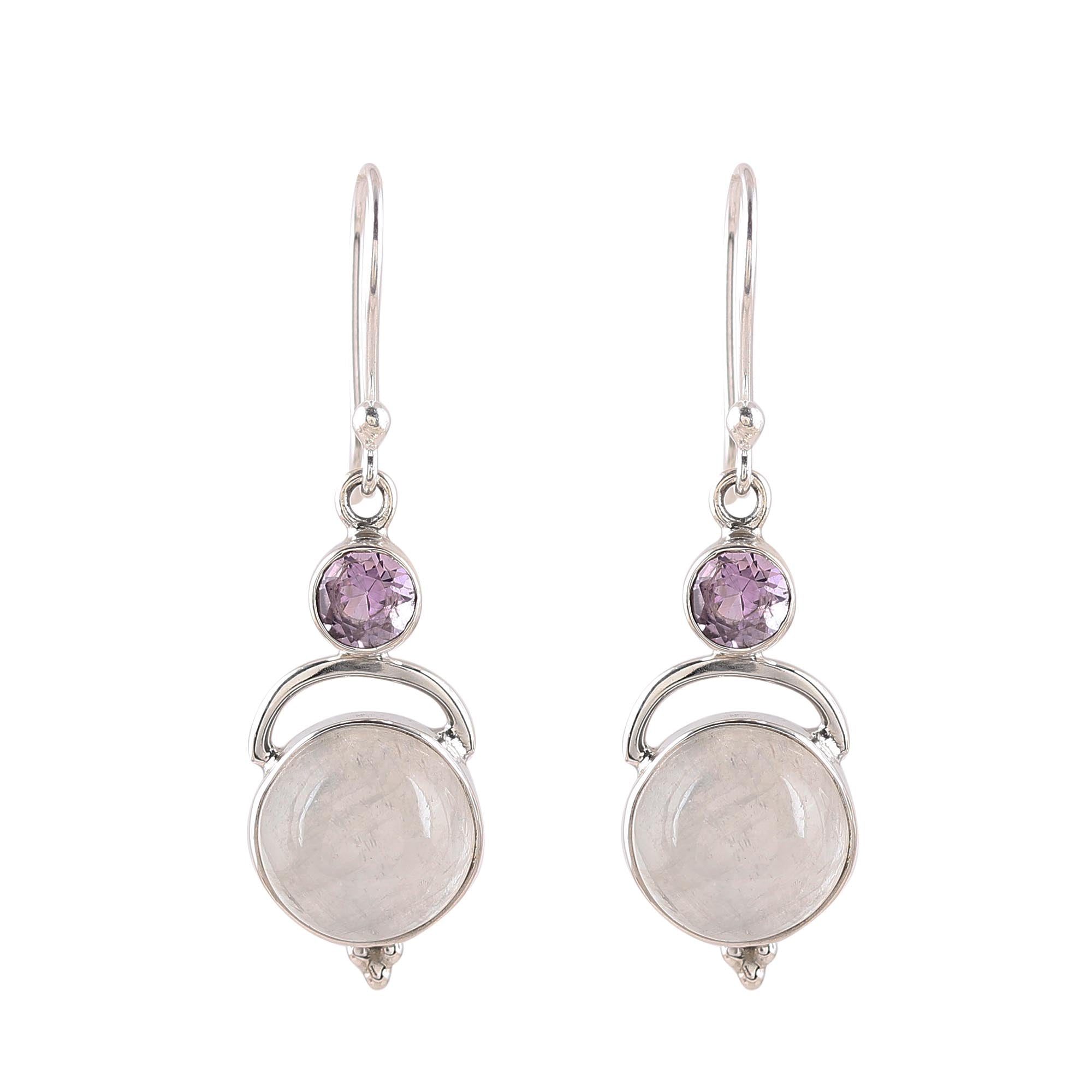 Premium Alluring Serenity Sterling Silver Rainbow Moonstone Amethyst Dangle Earrings