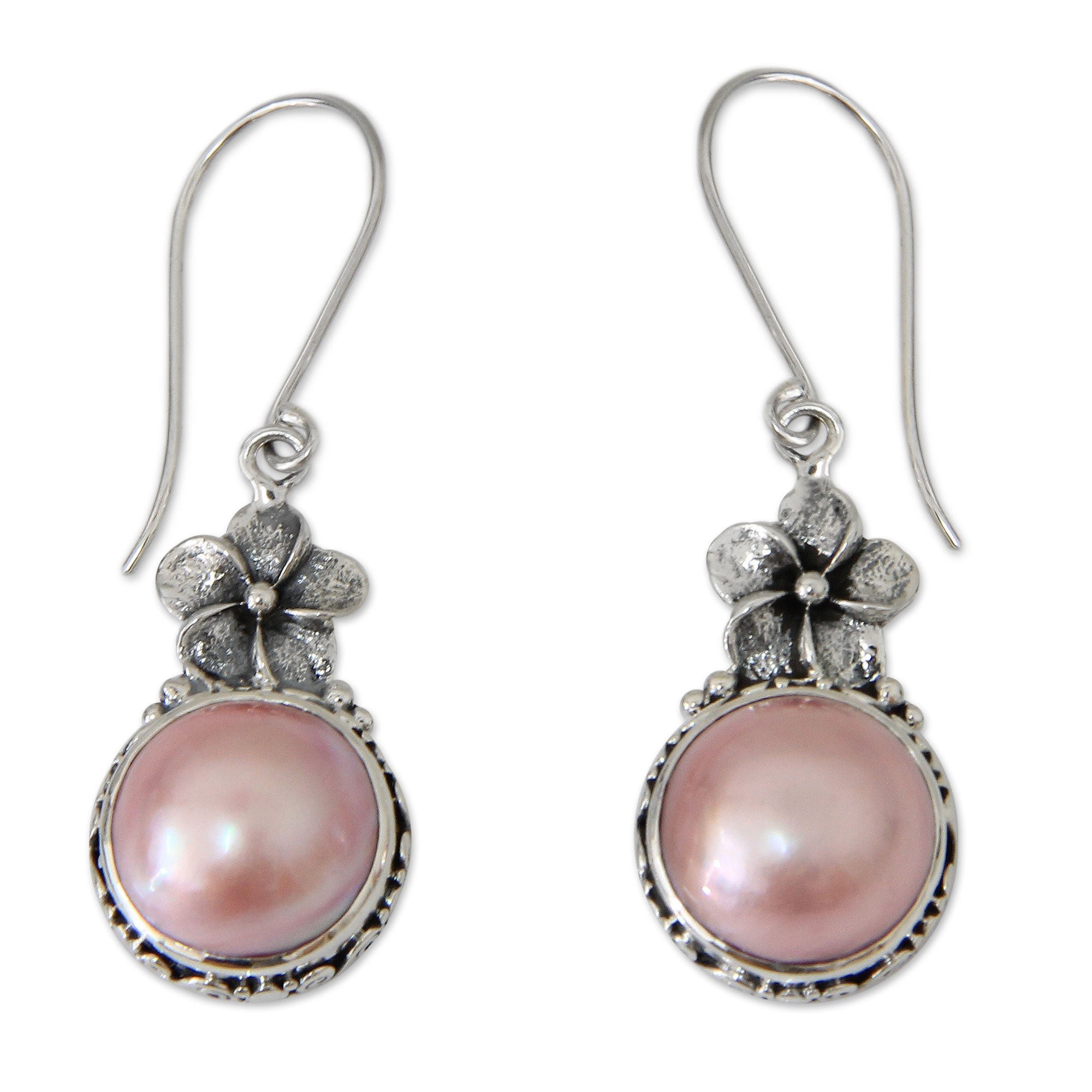 Premium Pink Frangipani Pearl Dangle Earrings - Silver Elegance