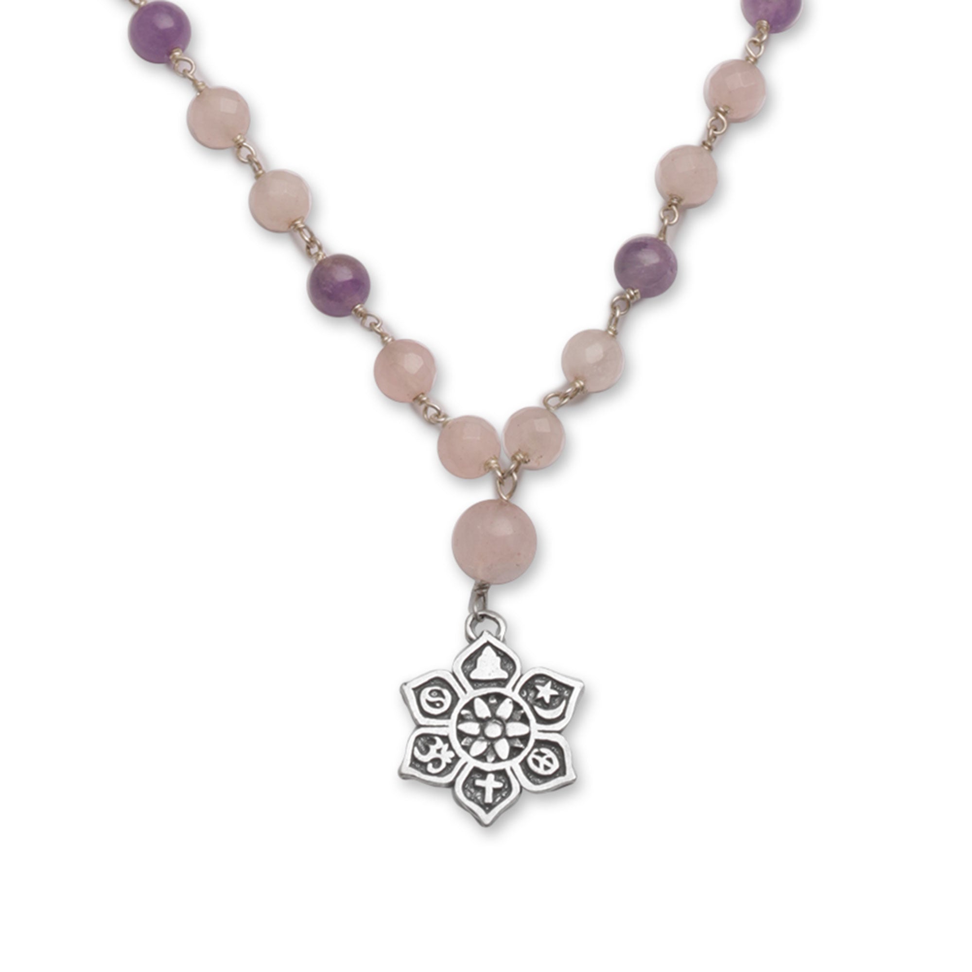 Premium Unity in Meditation Floral Rose Quartz & Amethyst Pendant Necklace - Handcrafted in Bali