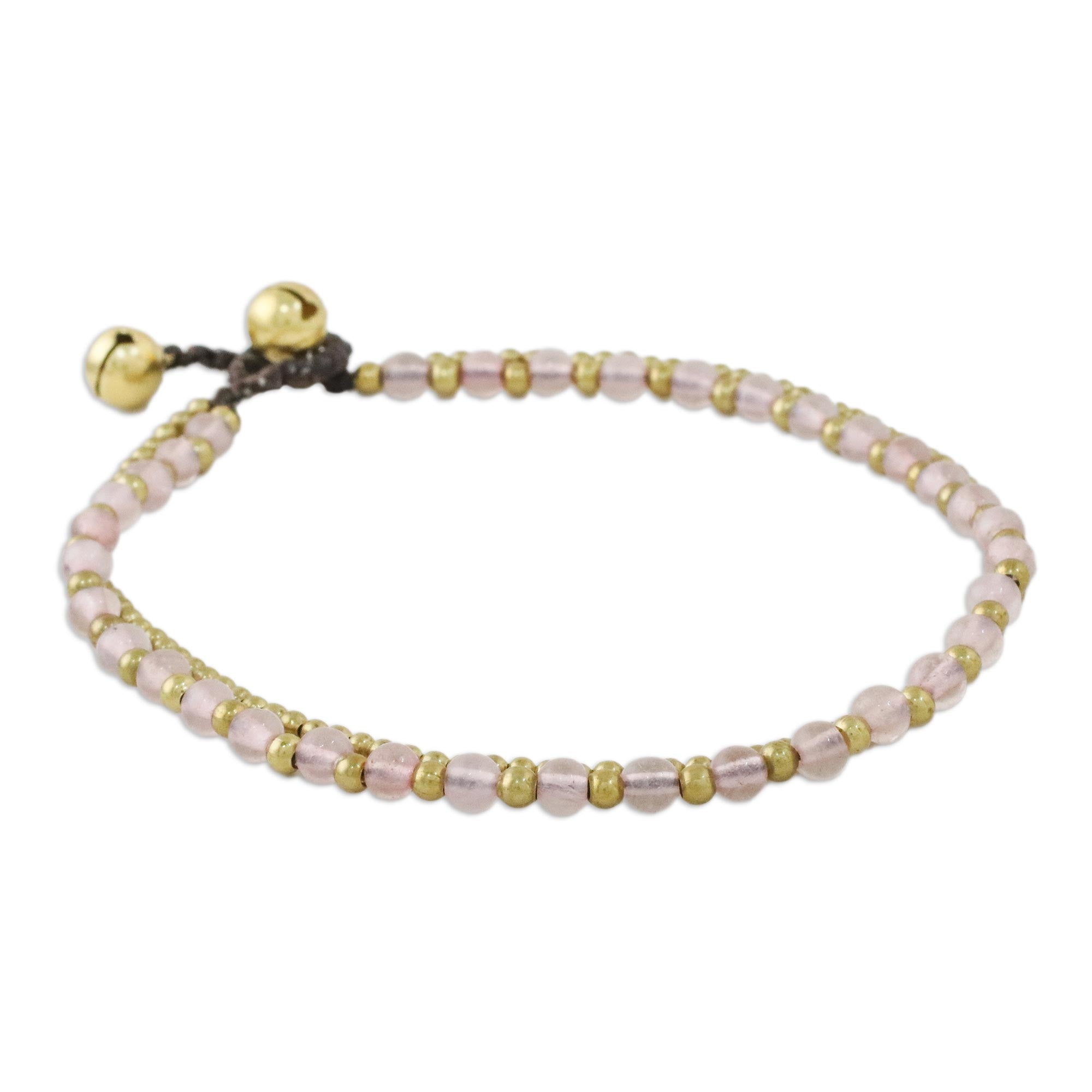 Premium Rose Quartz & Brass Adjustable Anklet with Bells - Handcrafted in Thailand