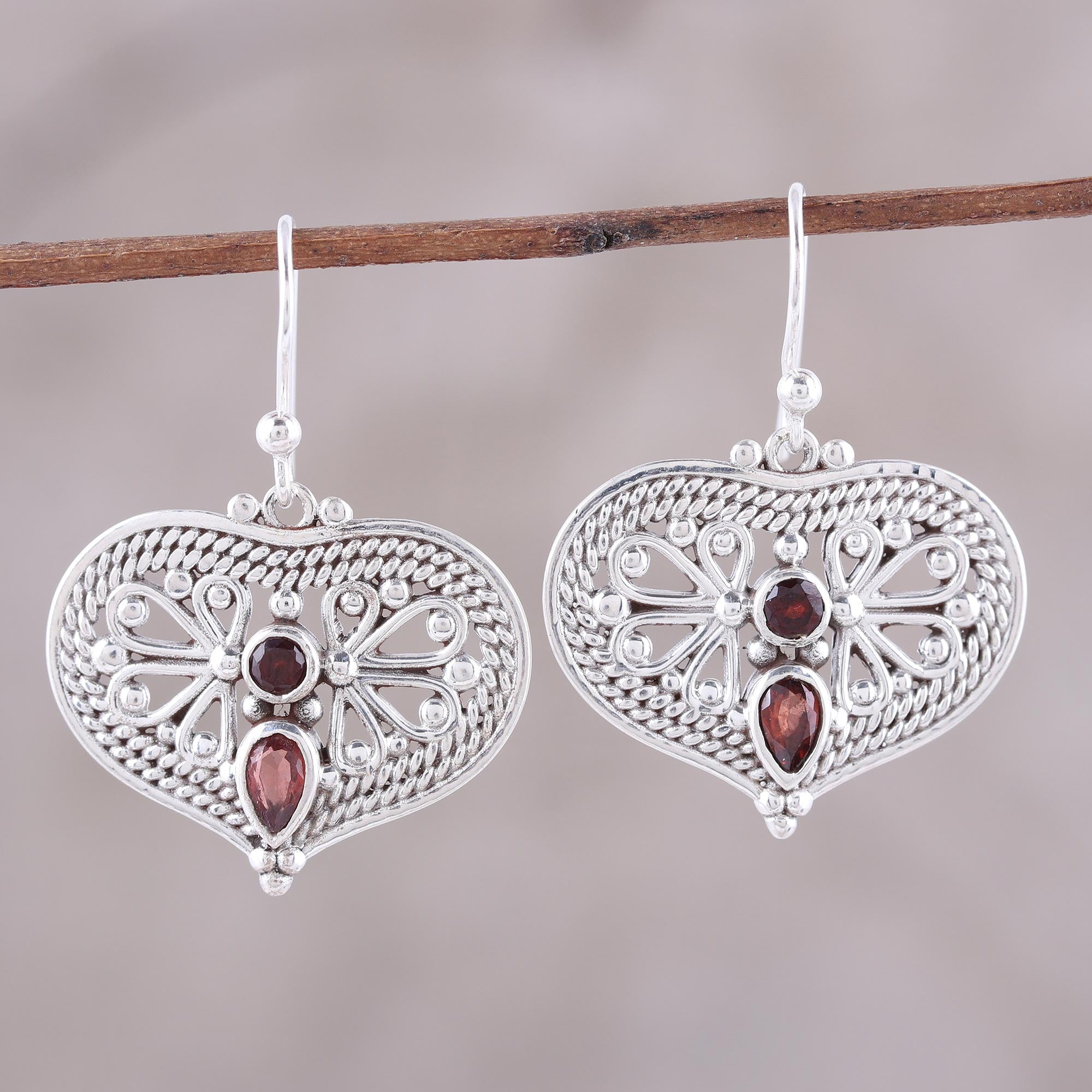 Premium Heart Shaped Garnet Dangle Earrings - Sterling Silver Elegance