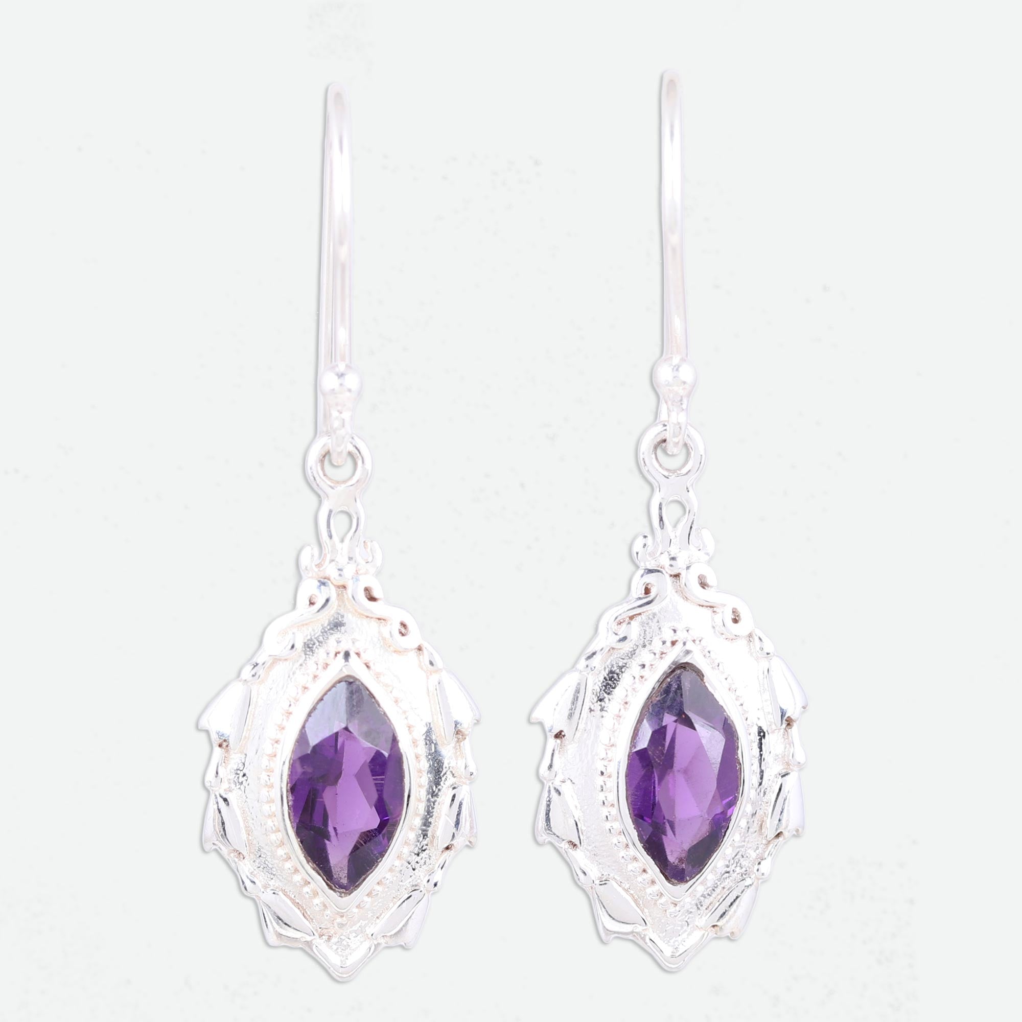 Premium Amethyst Dangle Earrings with Sterling Silver Leaf Design