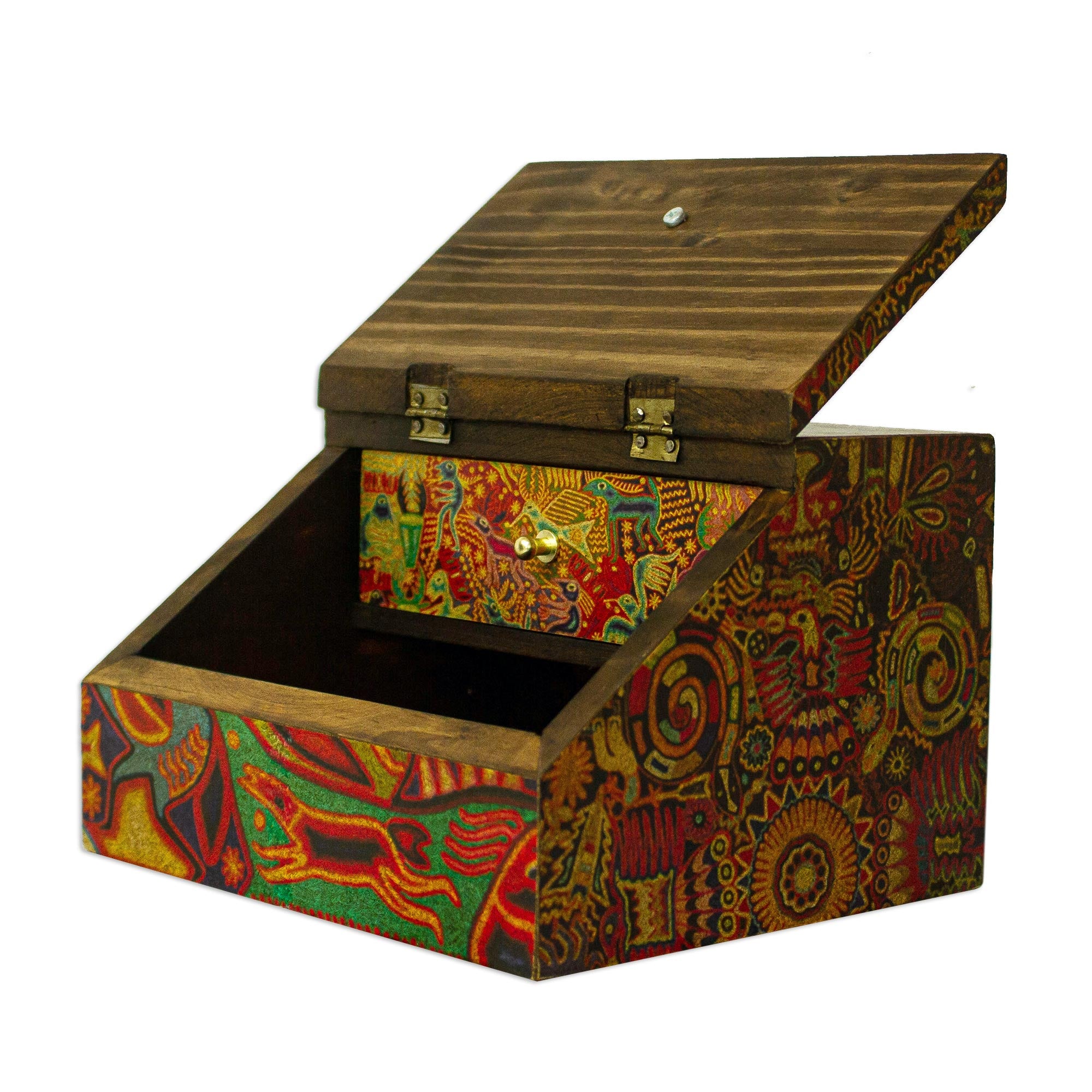 Premium Huichol Art Jewelry Box - Handcrafted Decoupage Wood Design