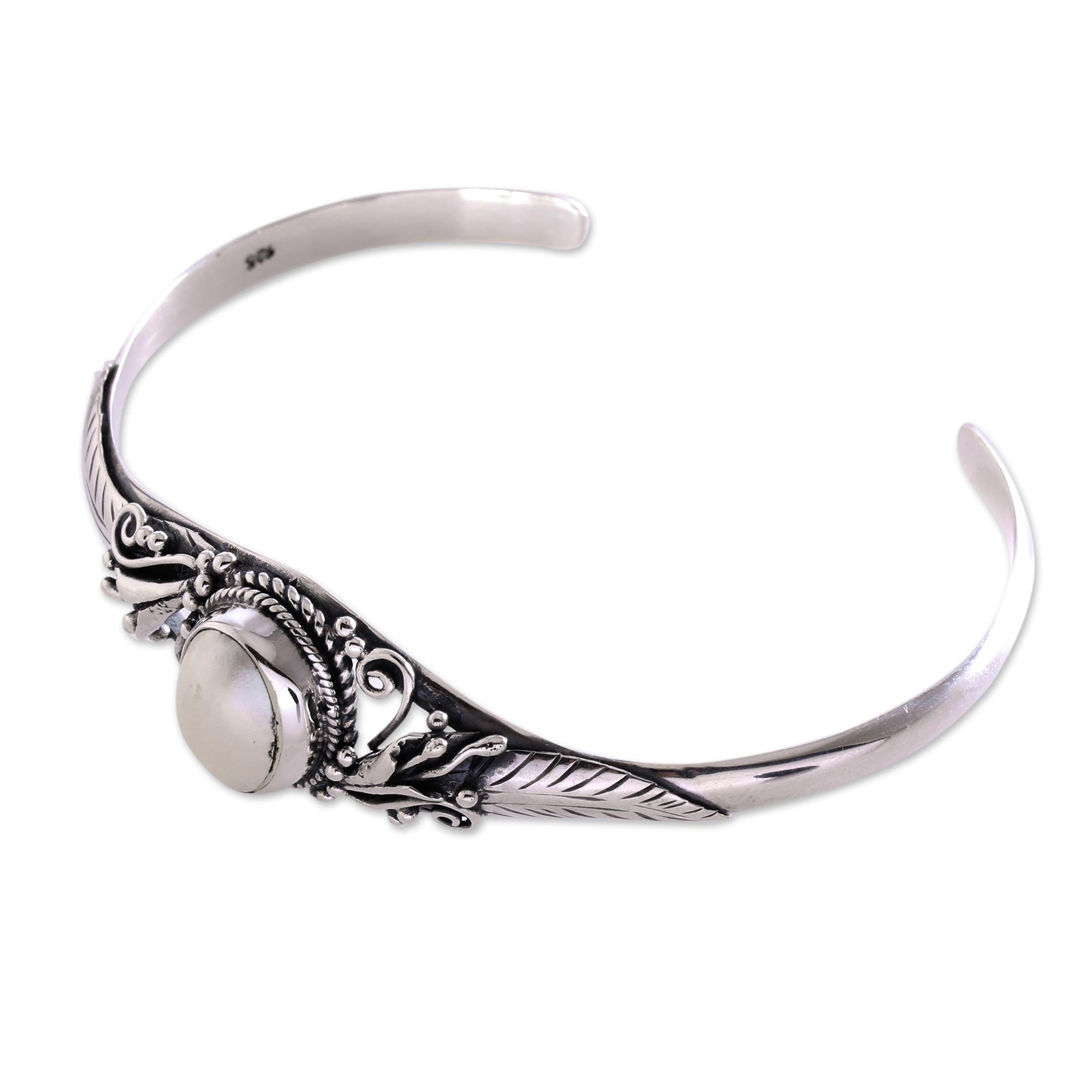 Premium Moonlight Shade Silver Cuff Bracelet with Cultured Pearl