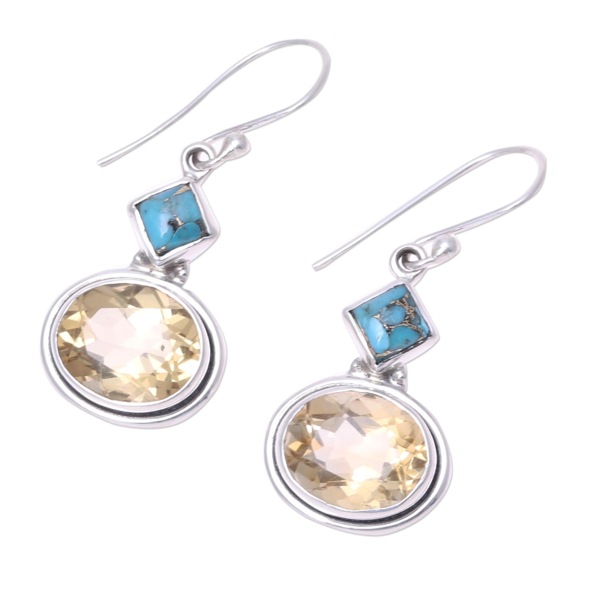 Premium Watery Gold Nine-Carat Citrine & Turquoise Dangle Earrings