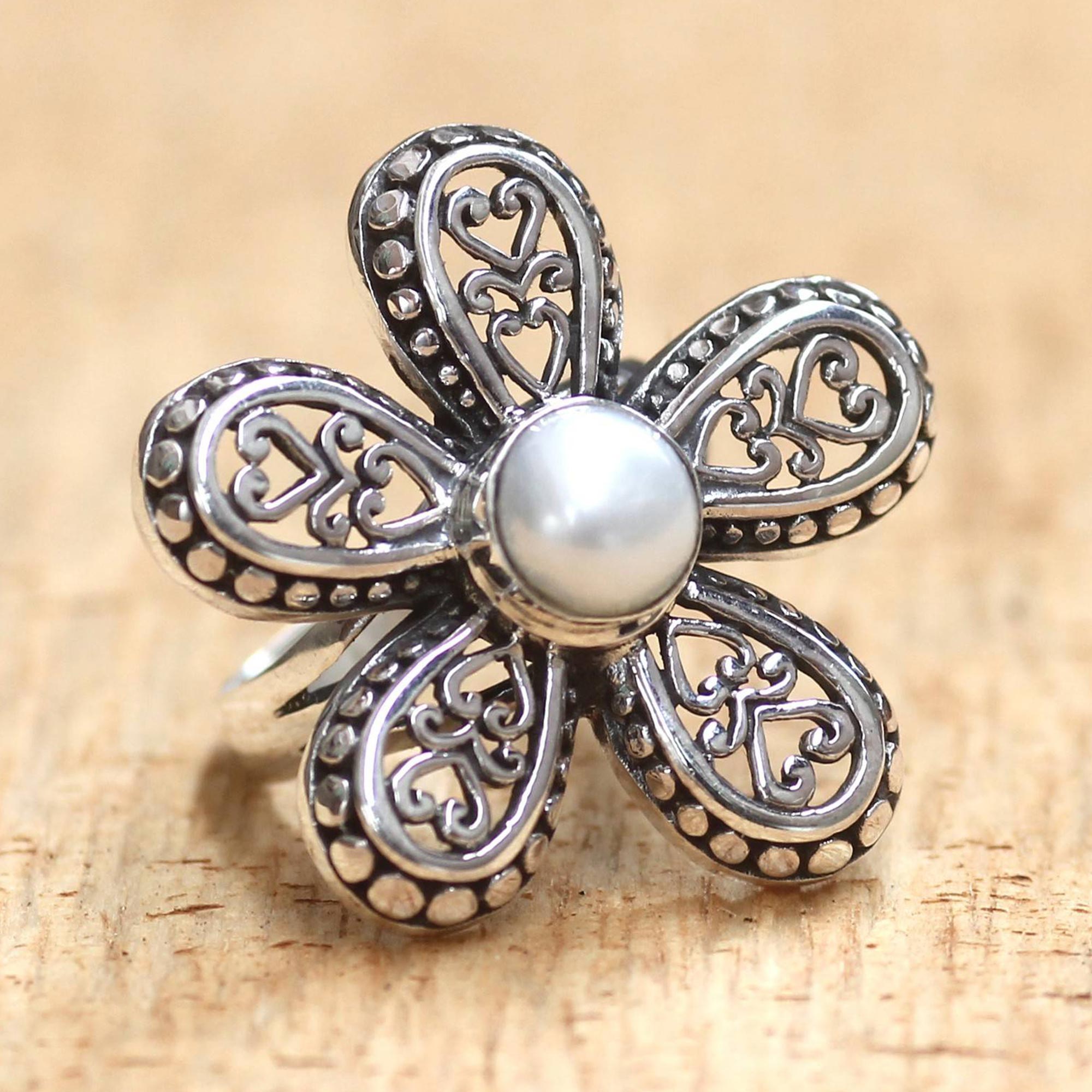 Premium White Plumeria Cultured Pearl & Sterling Silver 925 Flower Ring