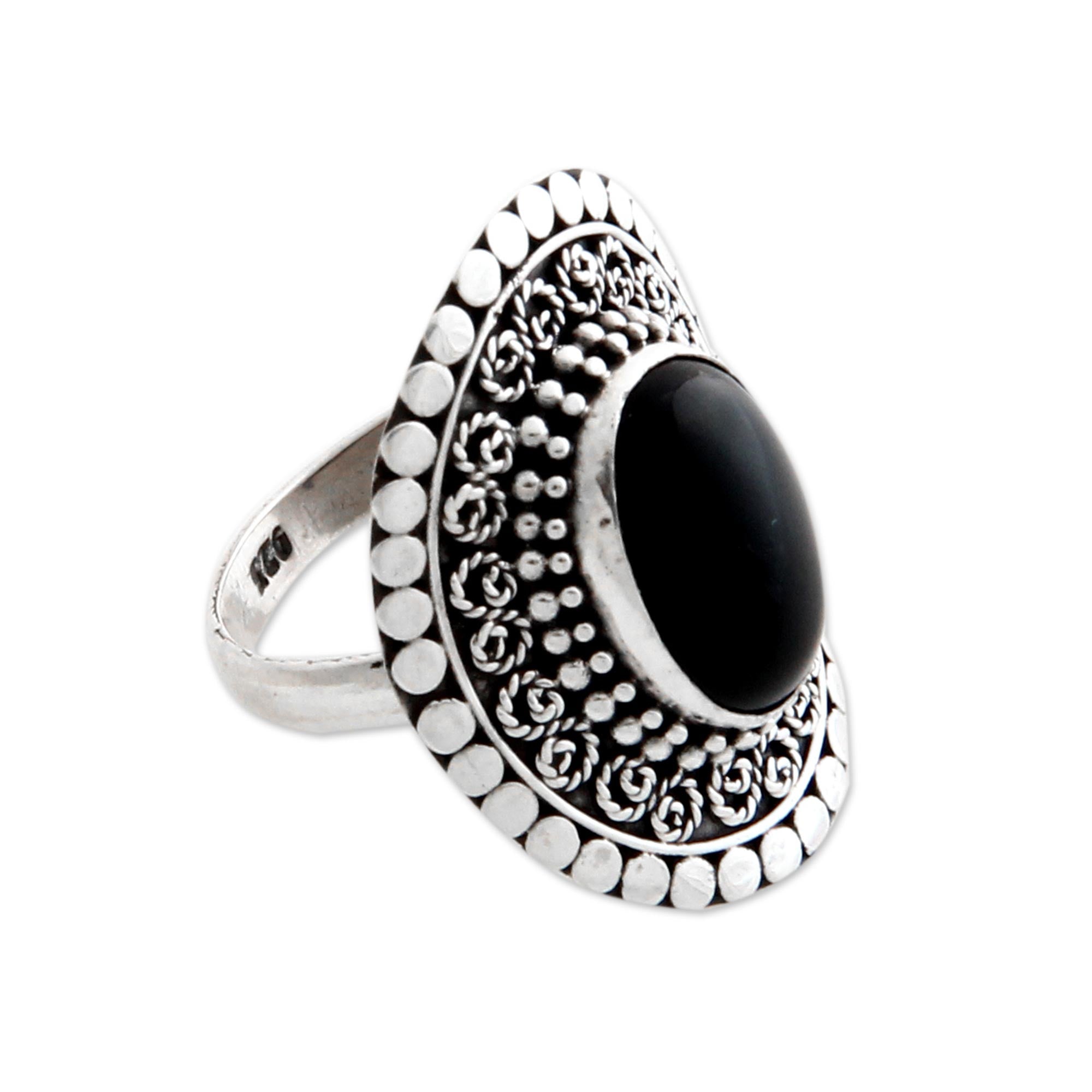 Premium Majesty Halo Sterling Silver and Onyx Cocktail Ring - Ultimate Elegance