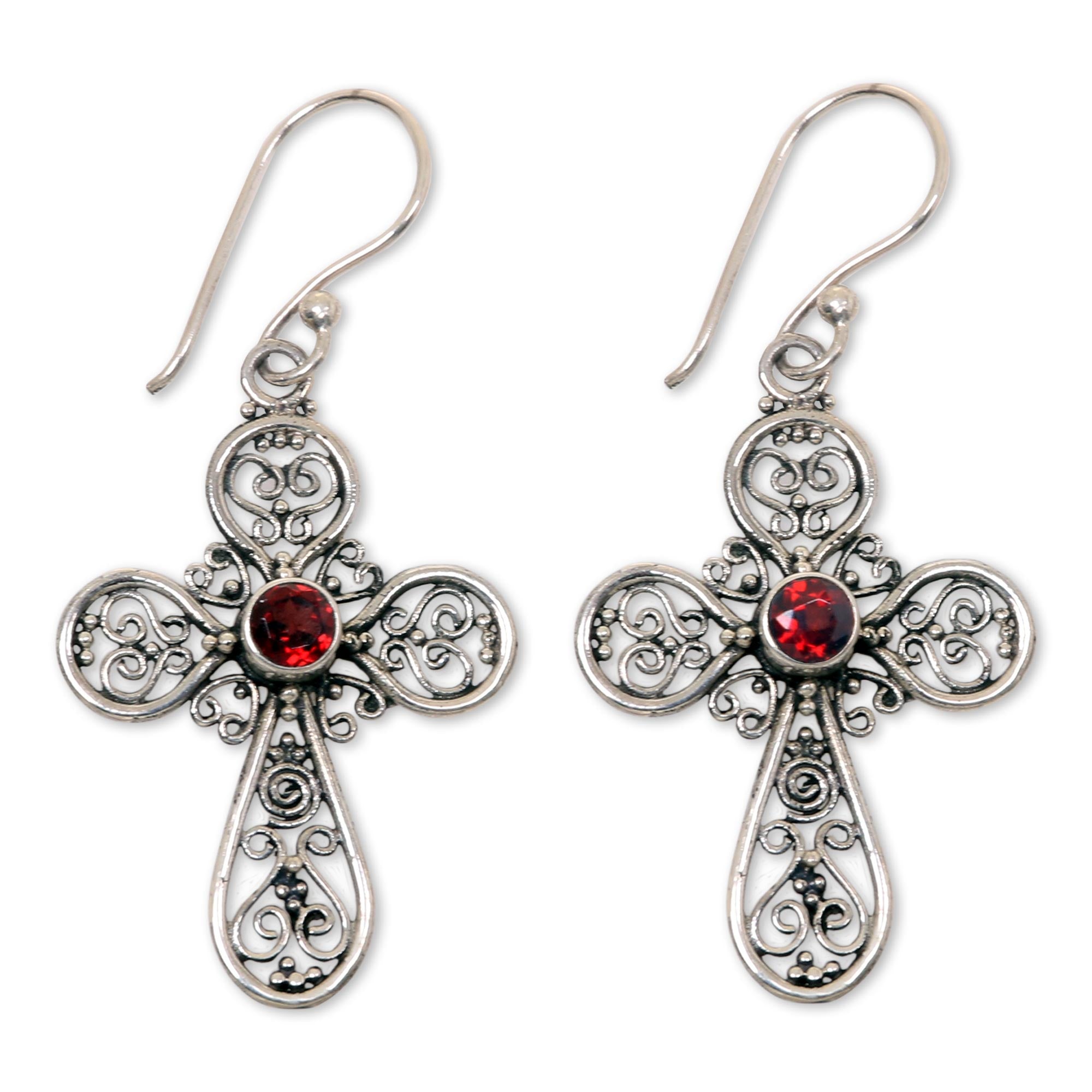 Premium Indonesian Sterling Silver Garnet Cross Earrings - Elegant Hook Design