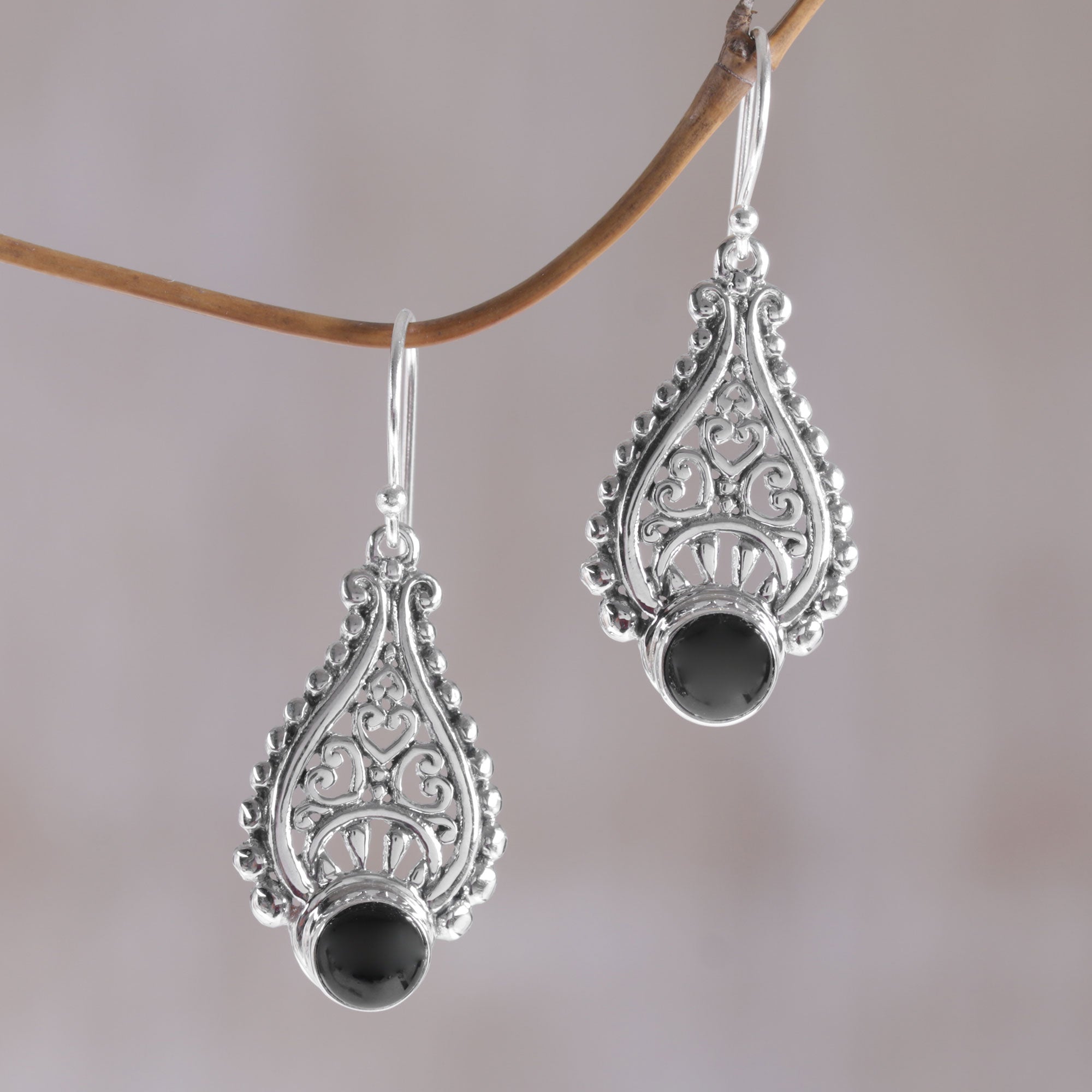 Premium Black Onyx and Sterling Silver Teardrop Earrings - Handcrafted in Bali