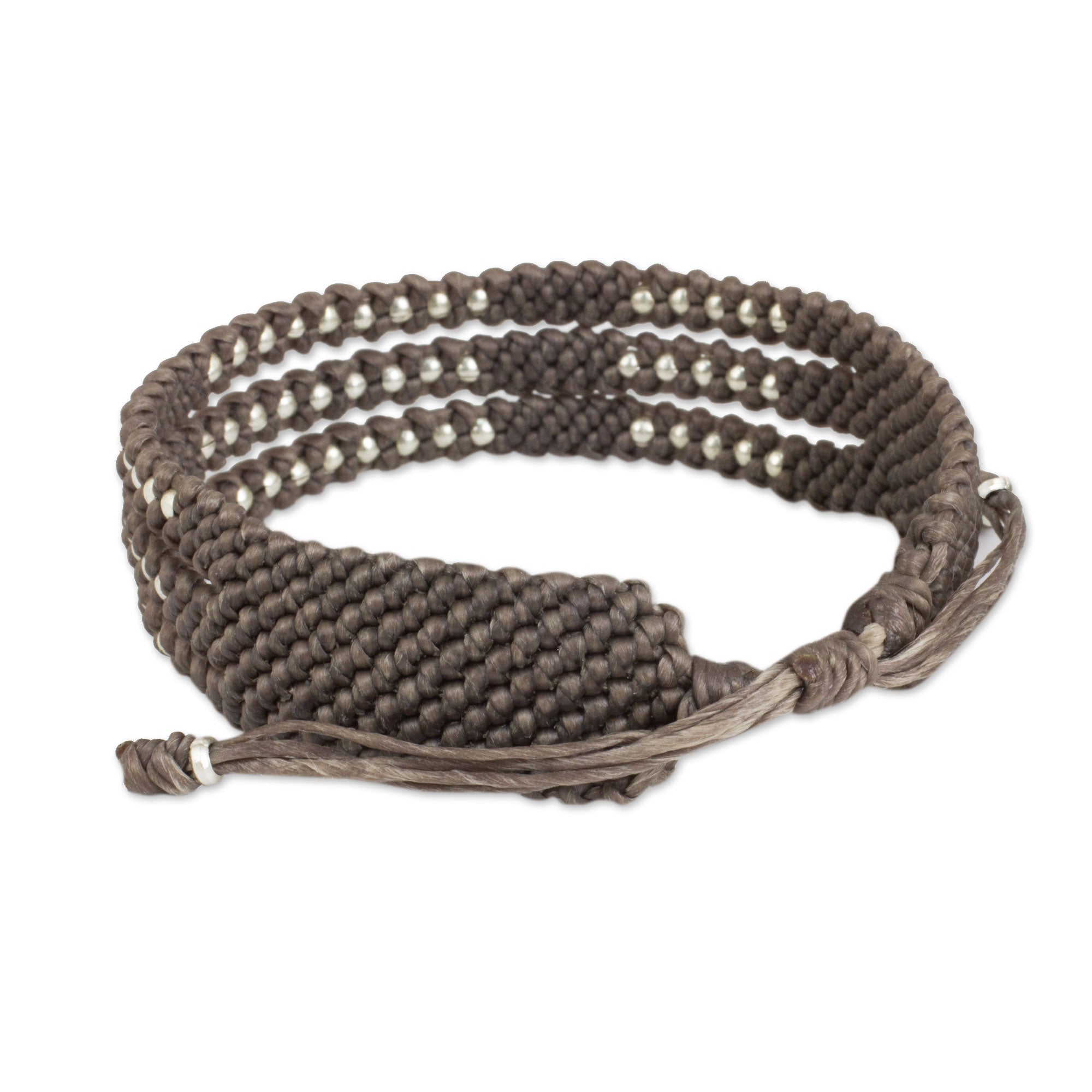 Premium Handcrafted Macrame Bracelet with Silver 950 Beads - Starlight & Khaki