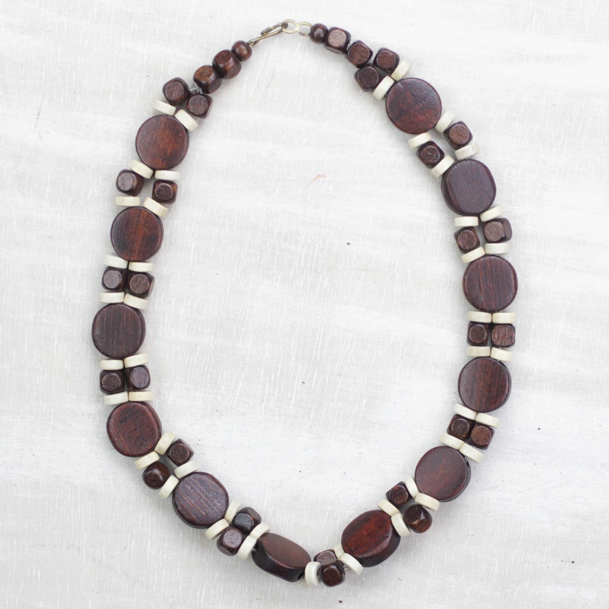 Premium Handcrafted Ghanaian Wood Beaded Necklace – Brown & White Design