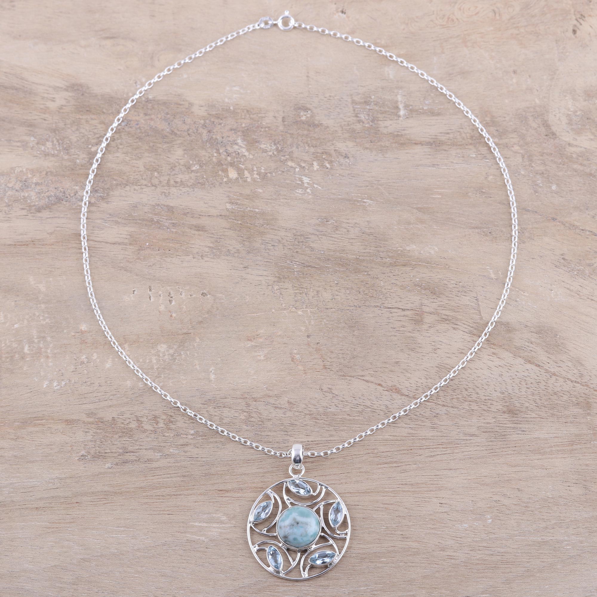 Premium Sterling Silver Larimar & Blue Topaz Wheel Pendant Necklace