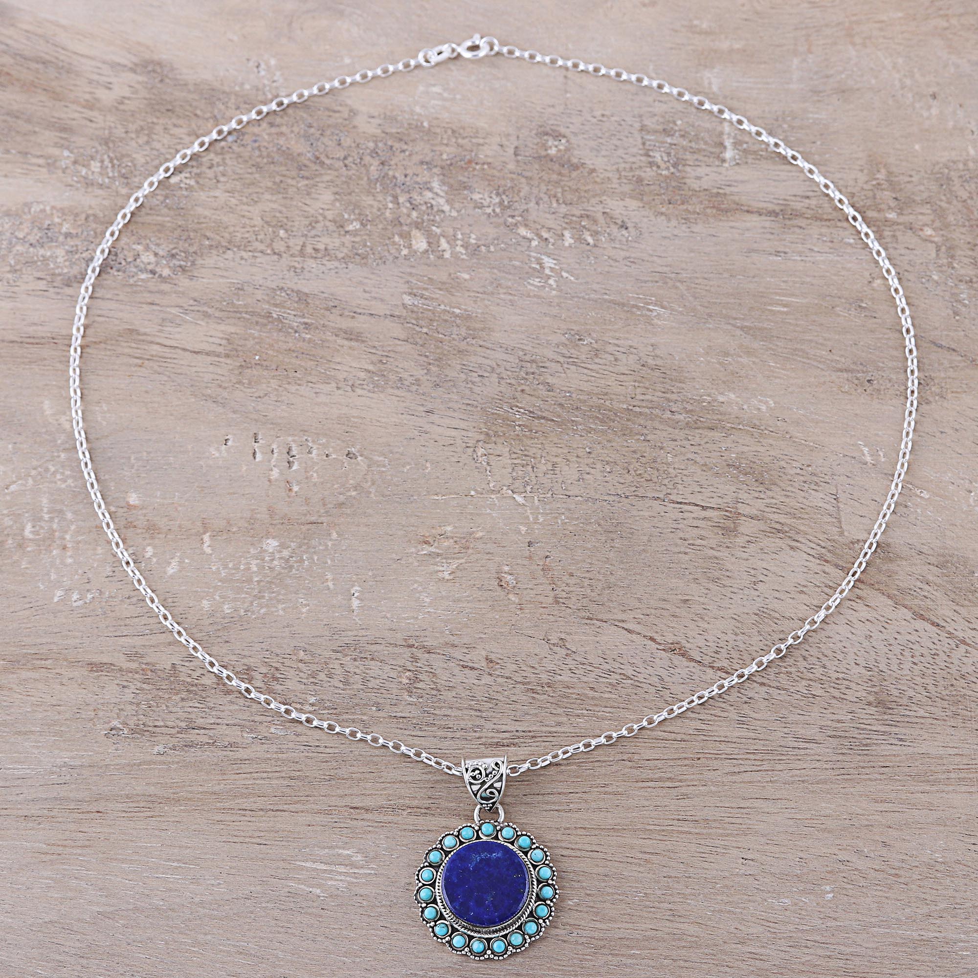 Premium Glamorous Bloom Lapis Lazuli & Turquoise Pendant Necklace