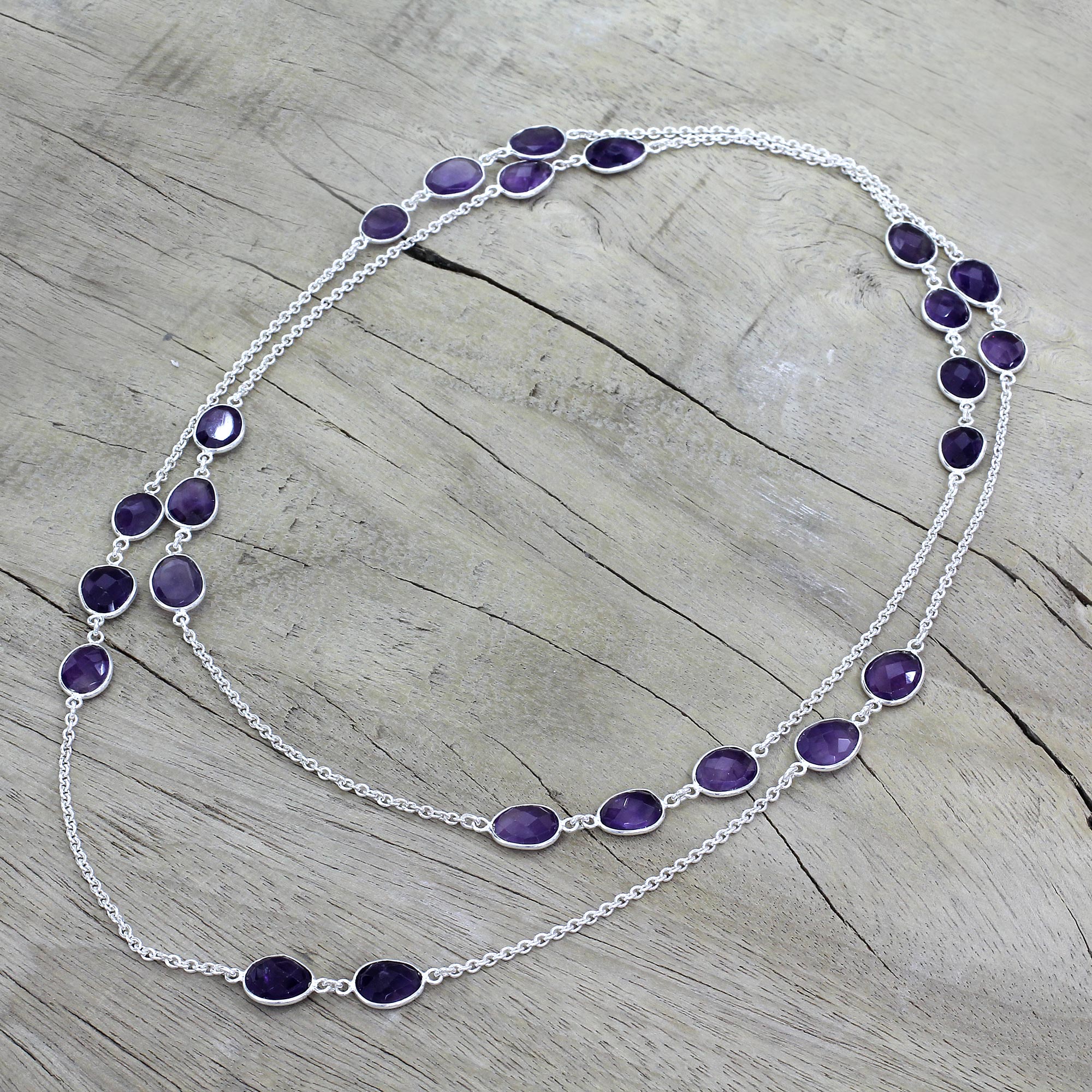 Premium Amethyst Sterling Silver Long Necklace - Handcrafted Elegance by Indian Artisans