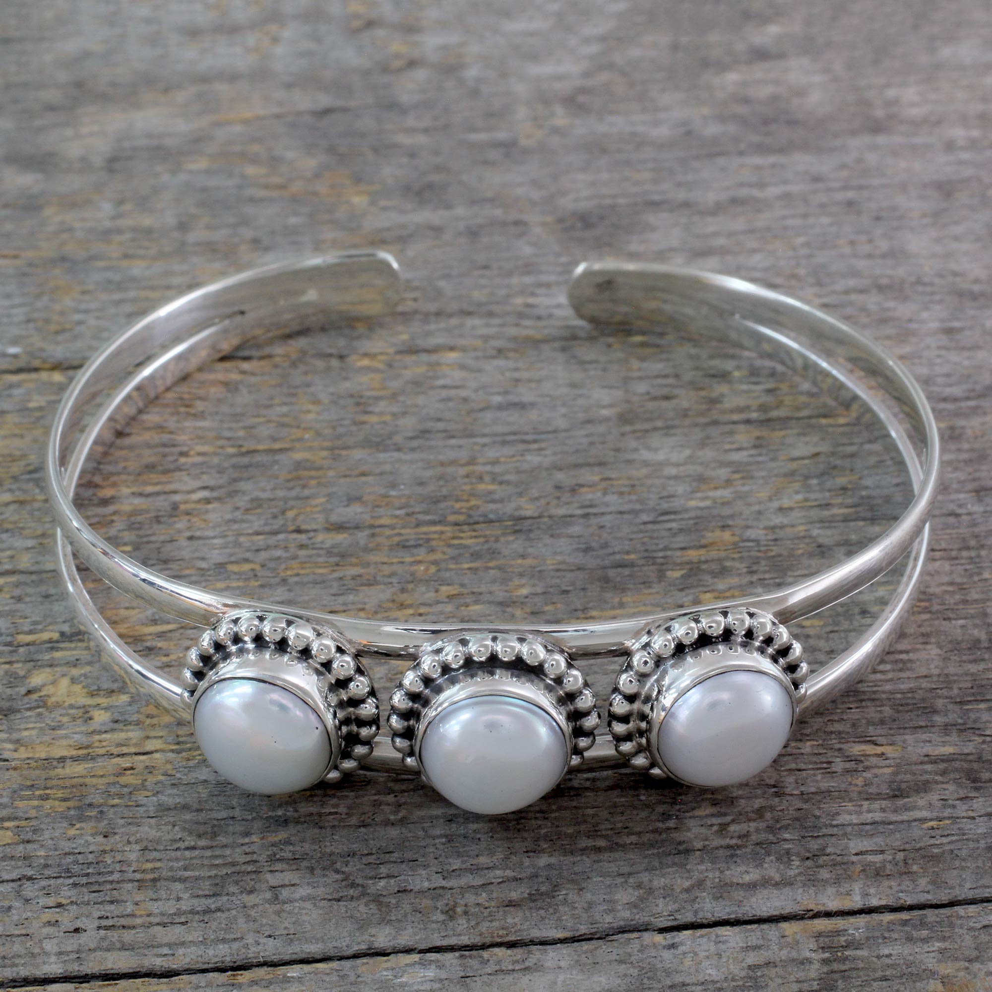 Premium Moonlight Trio Handmade Sterling Silver Pearl Cuff Bracelet