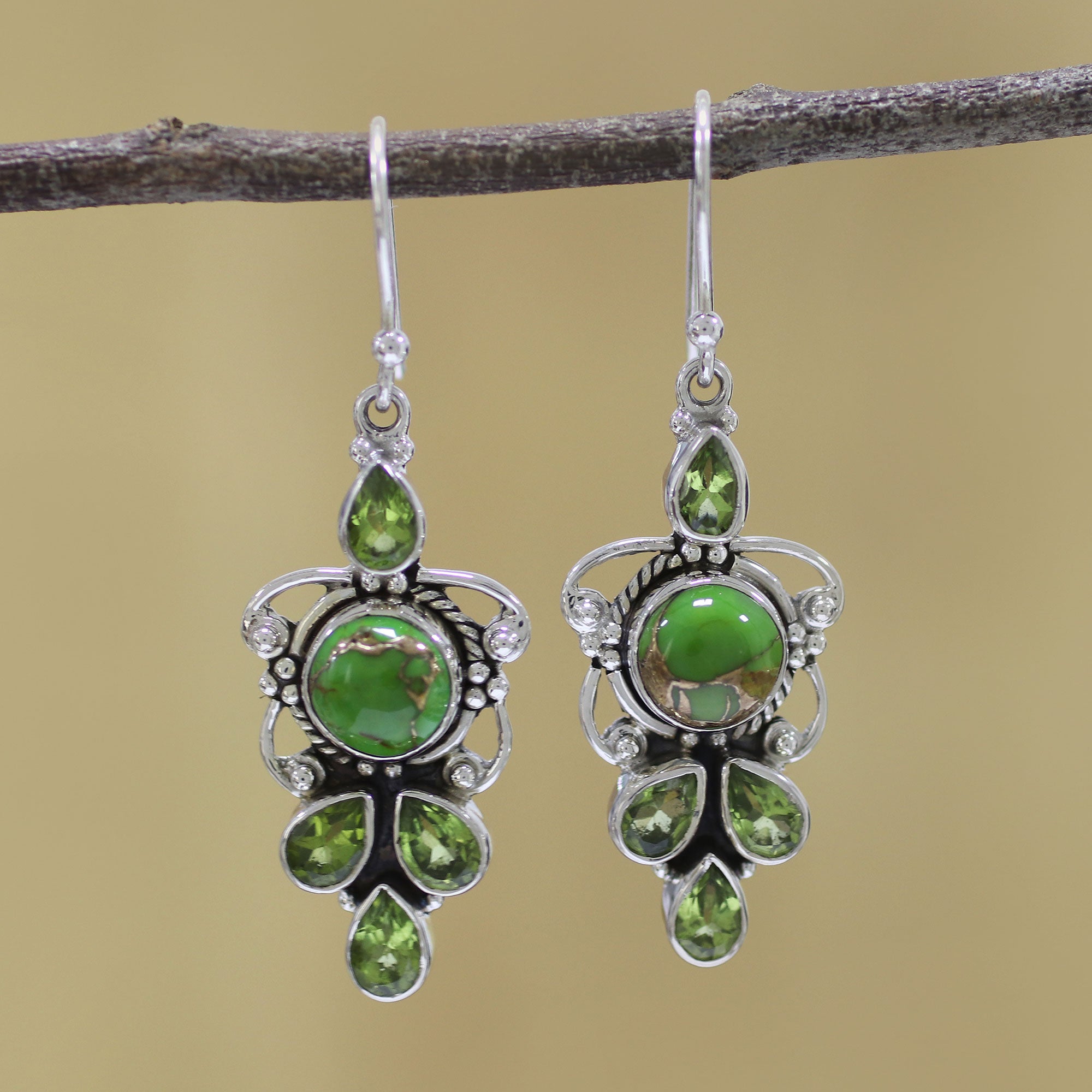 Premium Glittering Green Peridot & Turquoise Sterling Silver Dangle Earrings